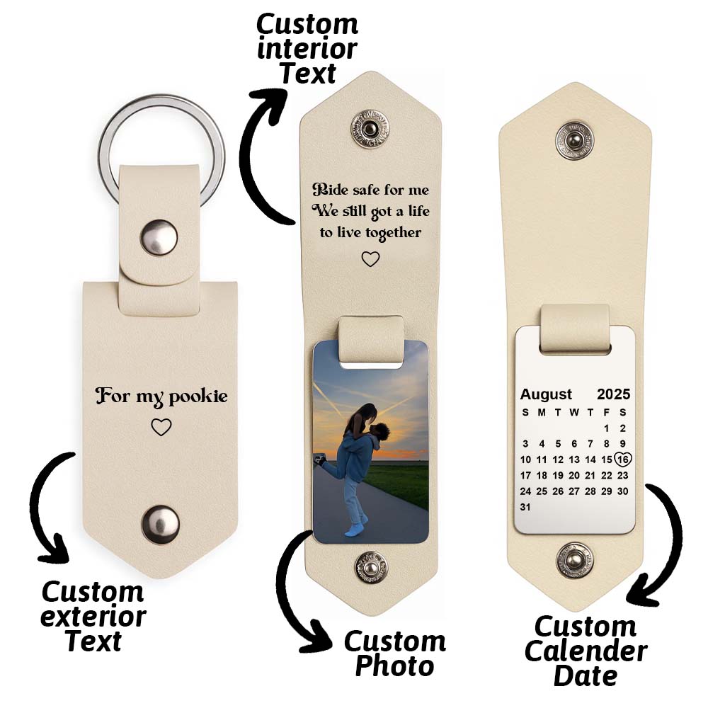 Personalized Photo and Calendar PU Leather Keychain with Custom Text Valentines Gifts for Him - DiyGiftly