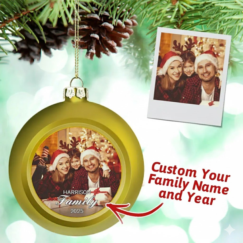 Personalized Photo & Family Name Christmas Ball Ornament – Custom Year Holiday Tree Decoration - DiyGiftly