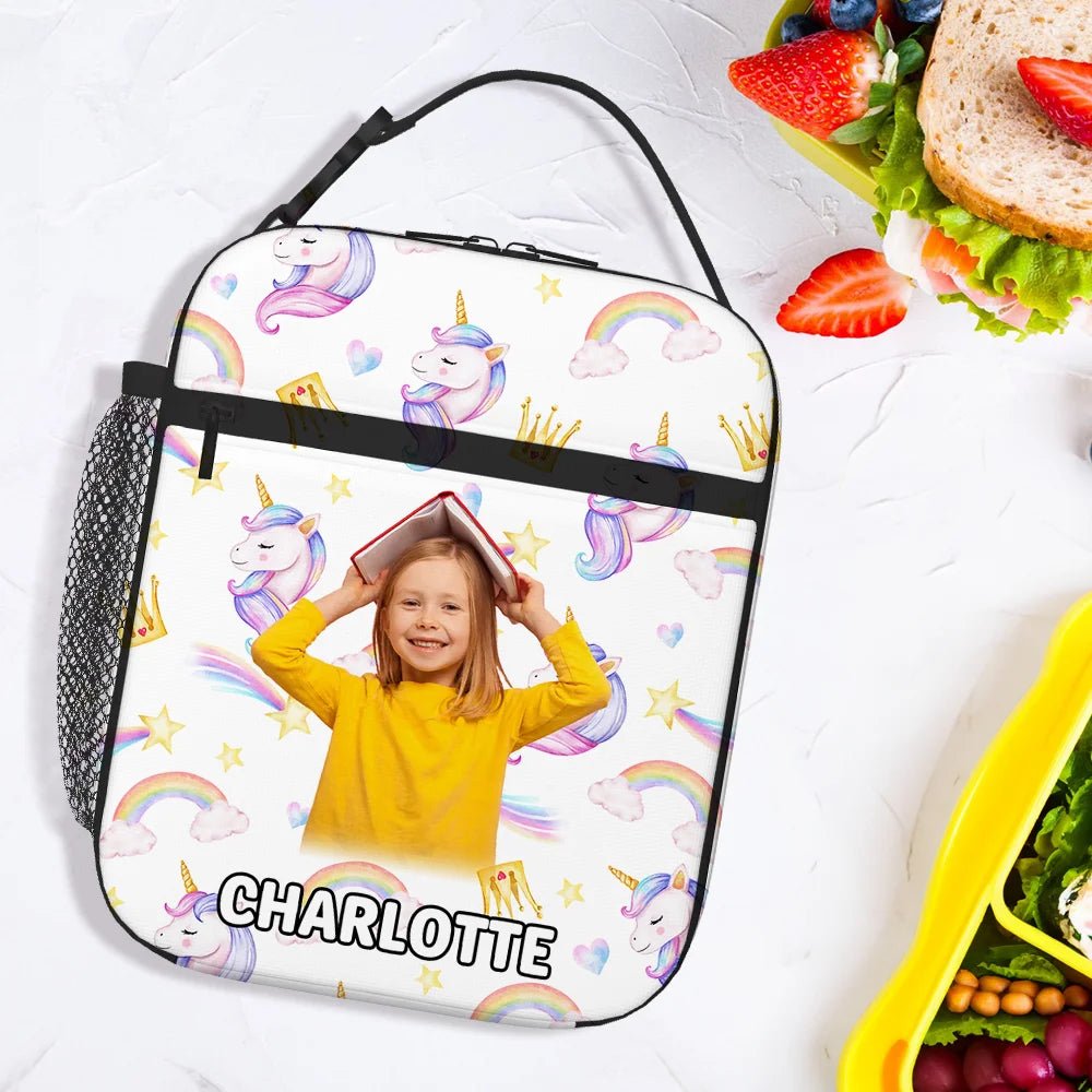 Personalized Photo Star Cloud Fantasy Unicorn Insulated Lunch Bag with Name and Portable Pocket Back to School Picnic Birthday Gift for Kids 27682304 - DiyGiftly