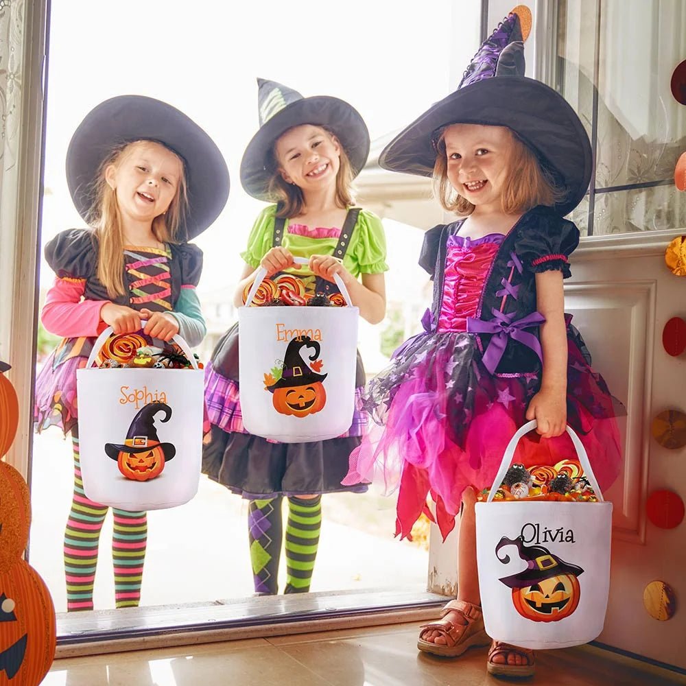 Personalized Pumpkin Witch Hat Design Bucket with Name Halloween Trick or Treat Gift for Kids 19587072 - DiyGiftly