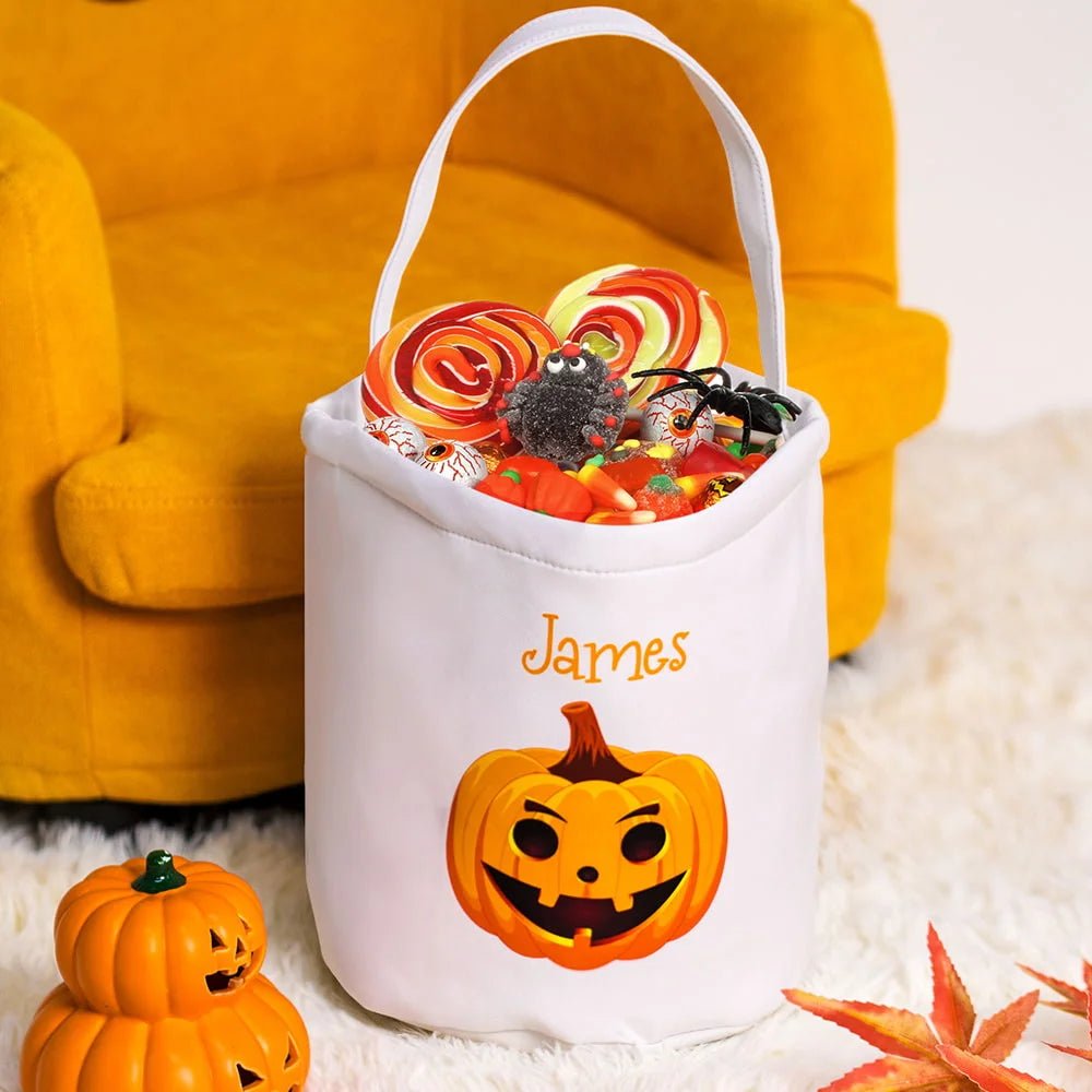 Personalized Pumpkin Witch Hat Design Bucket with Name Halloween Trick or Treat Gift for Kids 19587072 - DiyGiftly