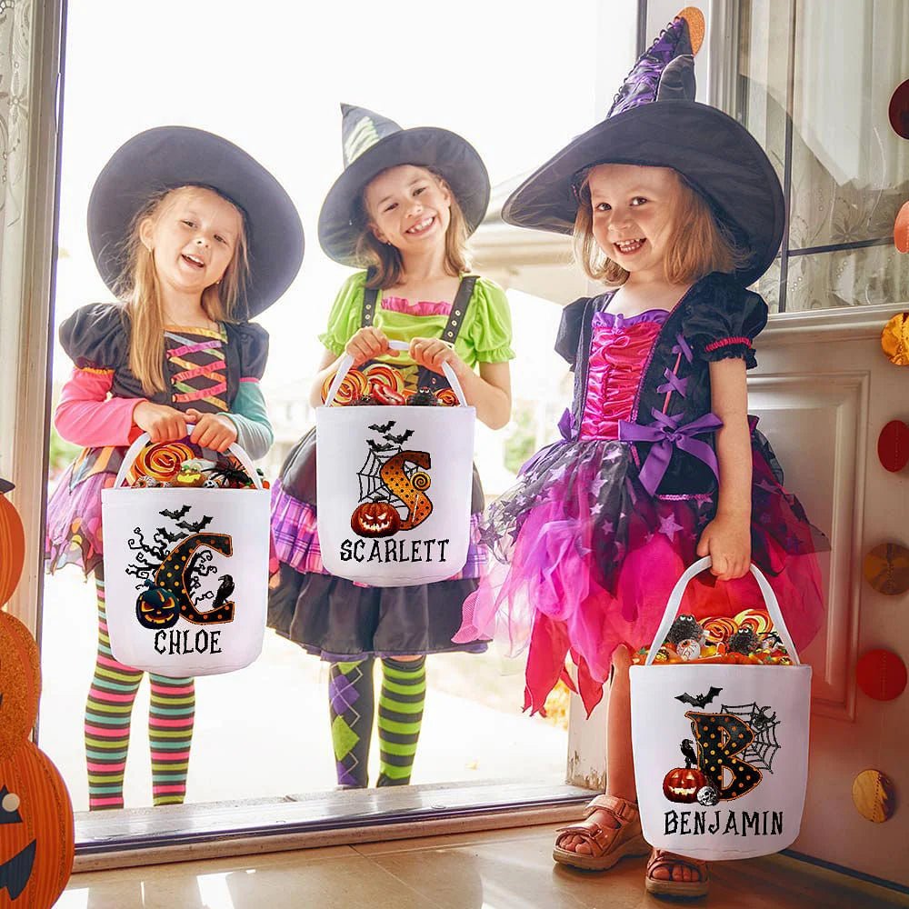Personalized Reusable Pumpkin Trick or Treat Initial Name Bag with Handle Candy Party Supplies Halloween Gift for Kids 23982592 - DiyGiftly