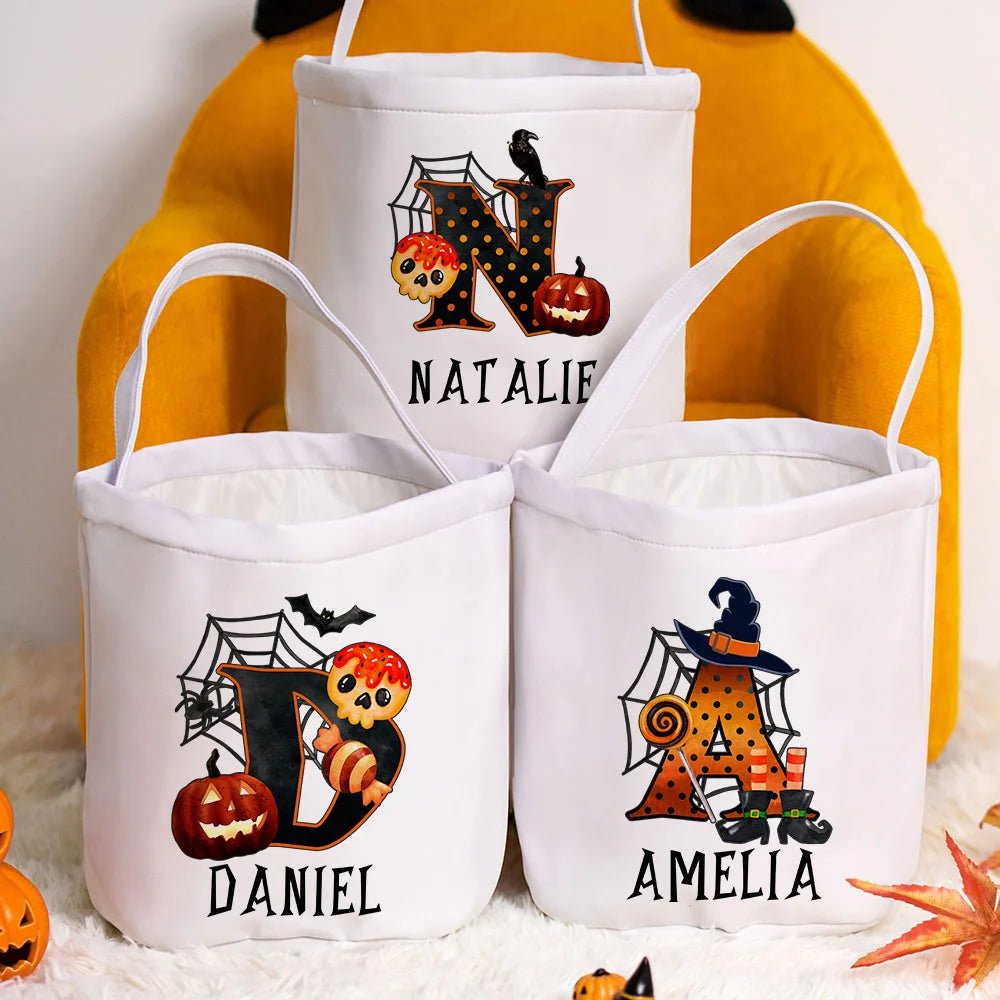 Personalized Reusable Pumpkin Trick or Treat Initial Name Bag with Handle Candy Party Supplies Halloween Gift for Kids 23982592 - DiyGiftly