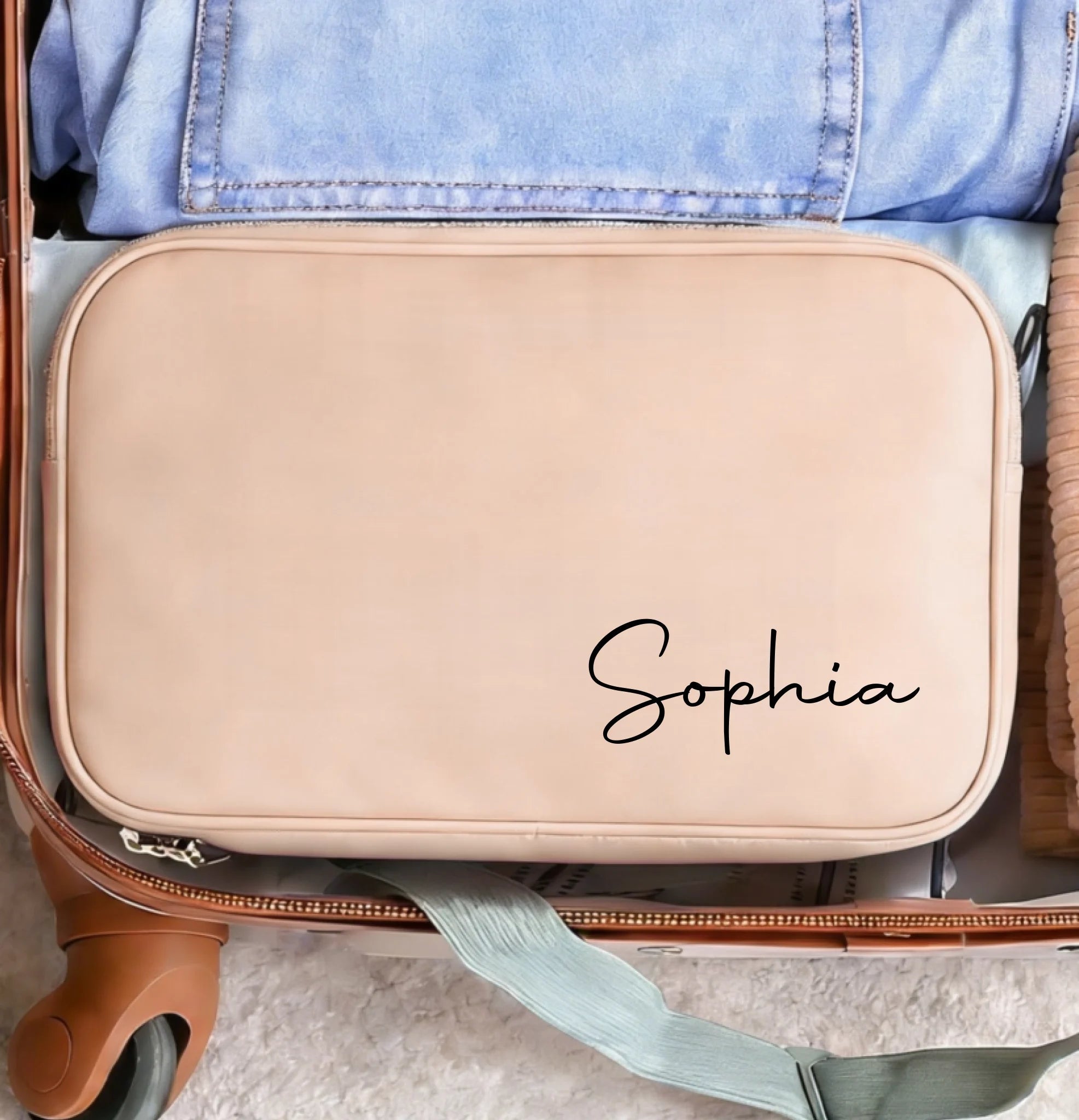 Personalized Simple Name Design Large Multi - Compartment Leather Makeup Bag - Custom Name Leather Makeup Organizer, Spacious Travel Toiletry Bag, Birthday Gift for Women, Stylish Travel Essentials for Her 1081732 - DiyGiftly