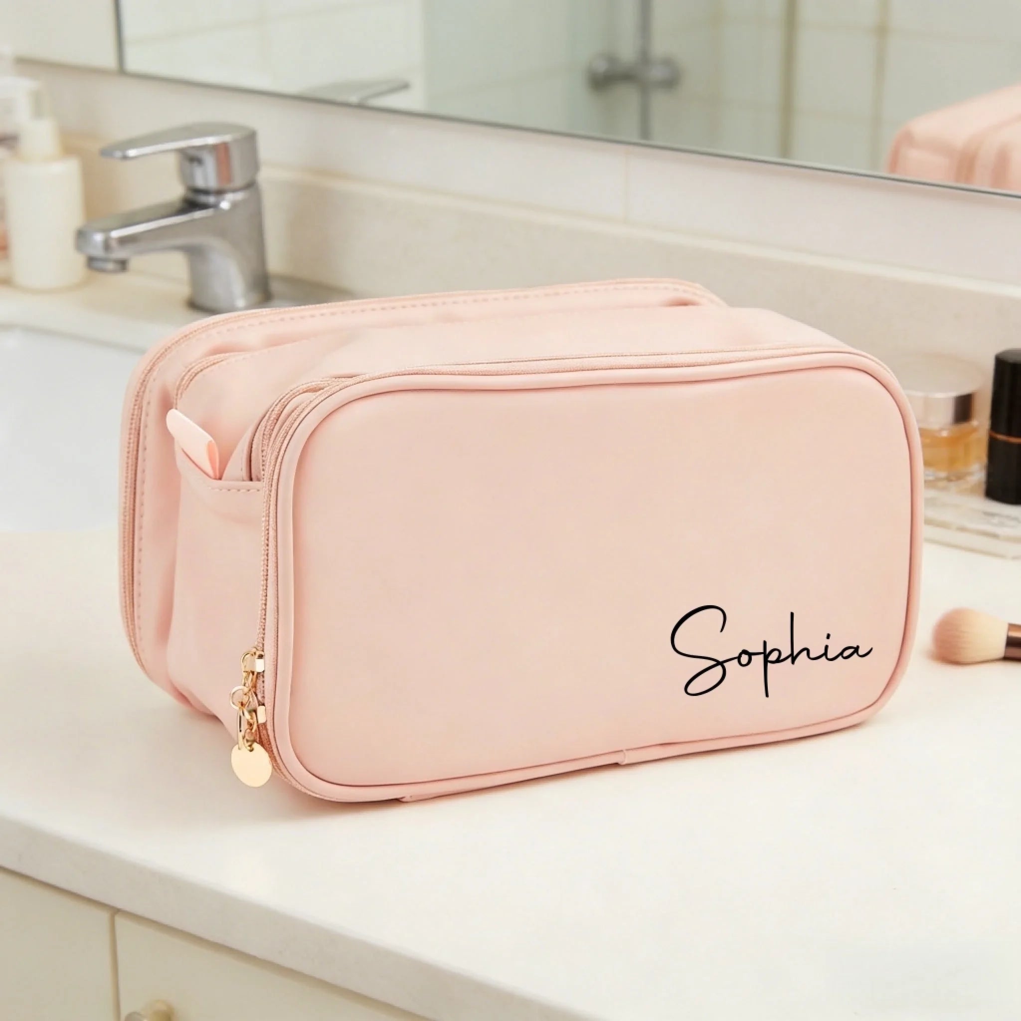 Personalized Simple Name Design Large Multi - Compartment Leather Makeup Bag - Custom Name Leather Makeup Organizer, Spacious Travel Toiletry Bag, Birthday Gift for Women, Stylish Travel Essentials for Her 1081732 - DiyGiftly