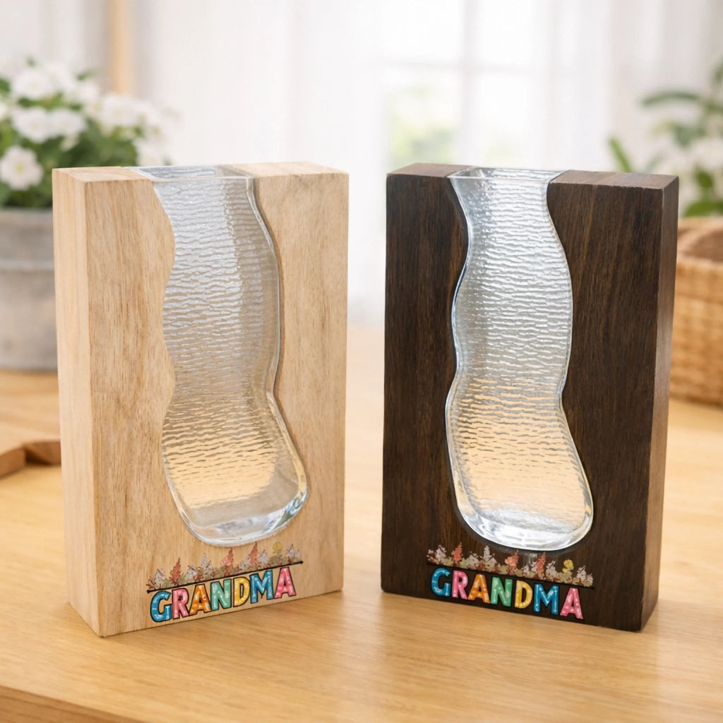 Meaningful family love wood glass vase personalized design solid wood frame with glass insert
