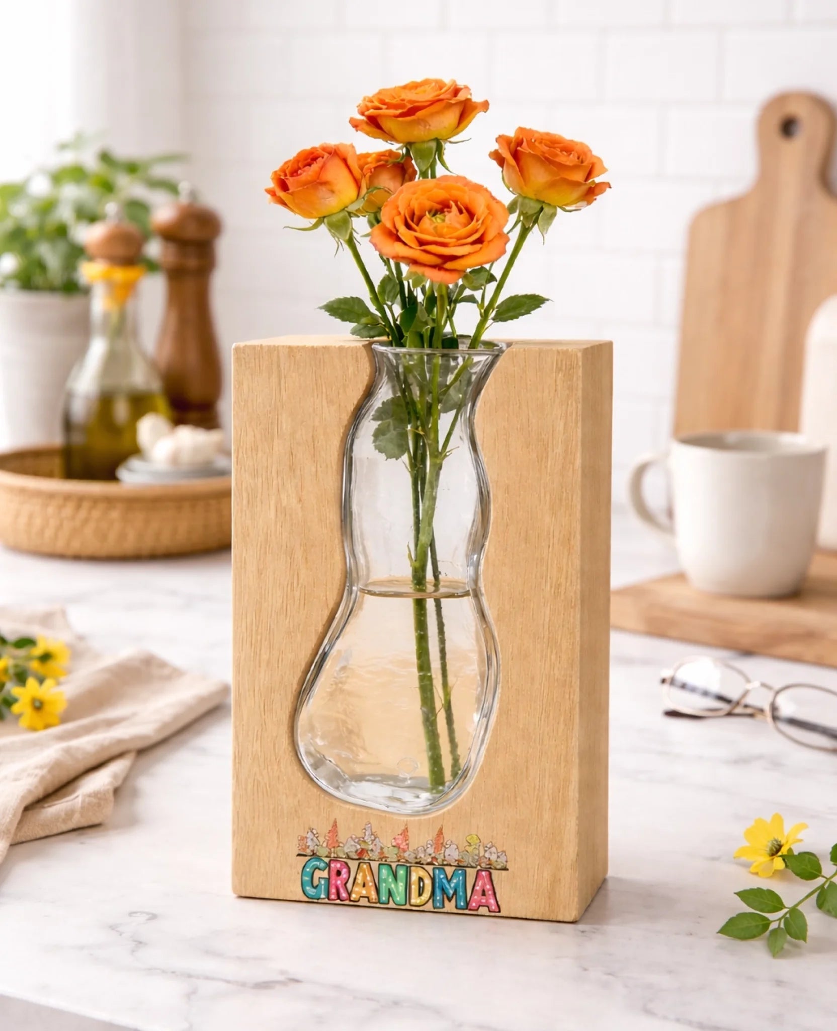 Personalized design wood glass vase solid wood frame with glass insert gift for grandparents
