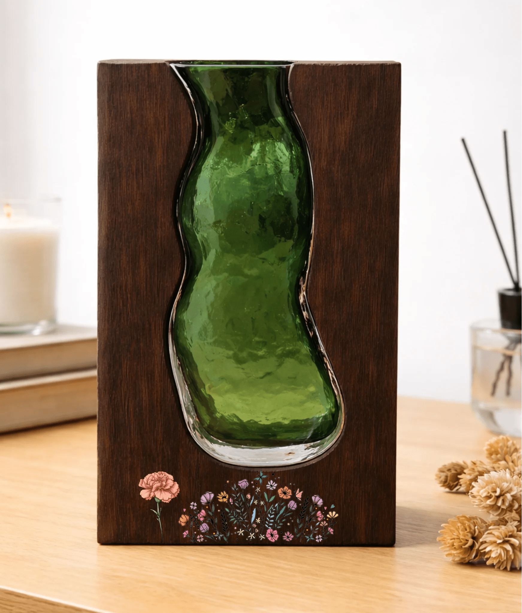 Personalized Solid Wood Glass Vase with Walnut or Natural Wood Frame Green Glass Insert Rustic Home Decor Gift for Mom 1112030 - DiyGiftly