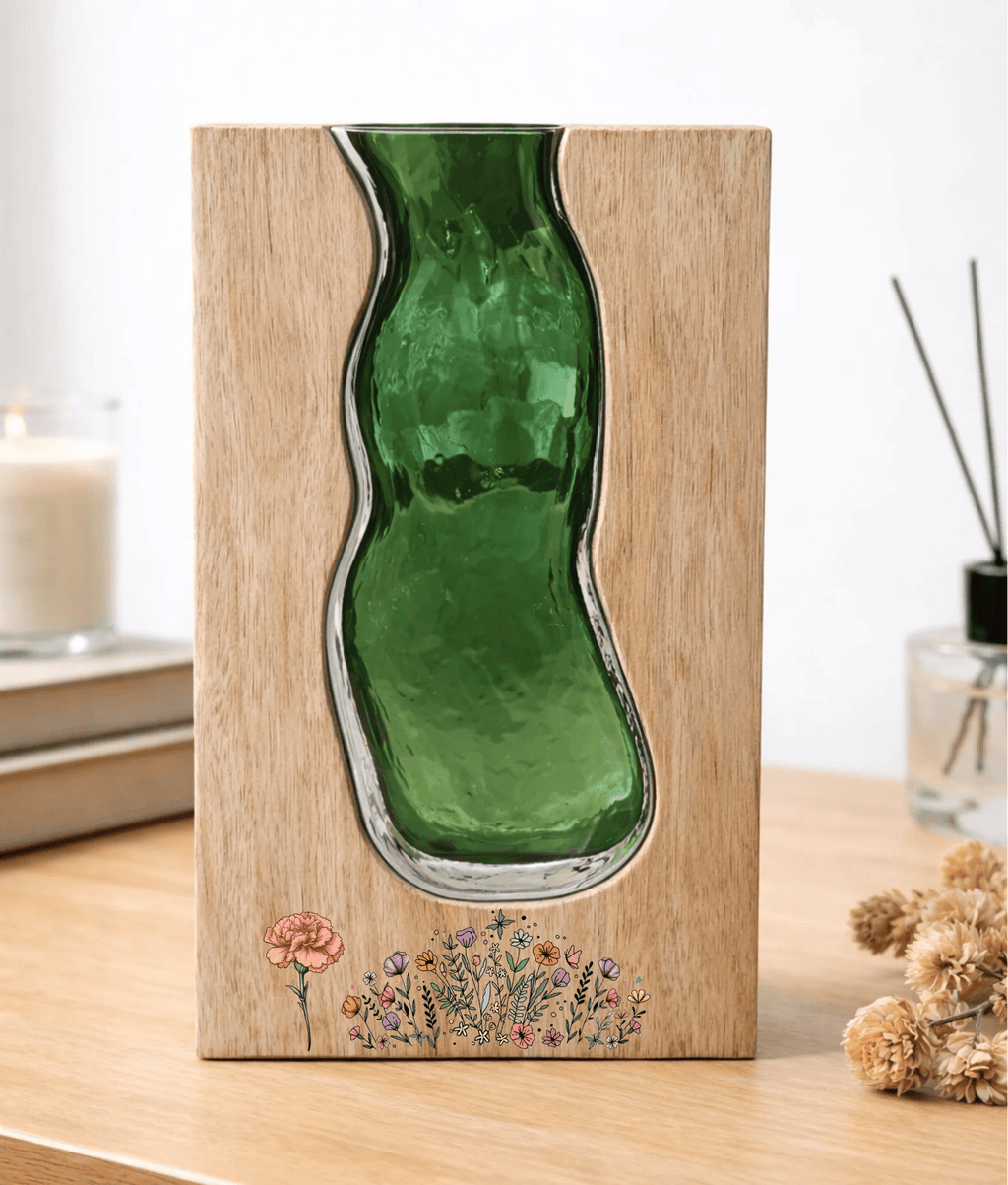 Personalized Solid Wood Glass Vase with Walnut or Natural Wood Frame Green Glass Insert Rustic Home Decor Gift for Mom 1112030 - DiyGiftly