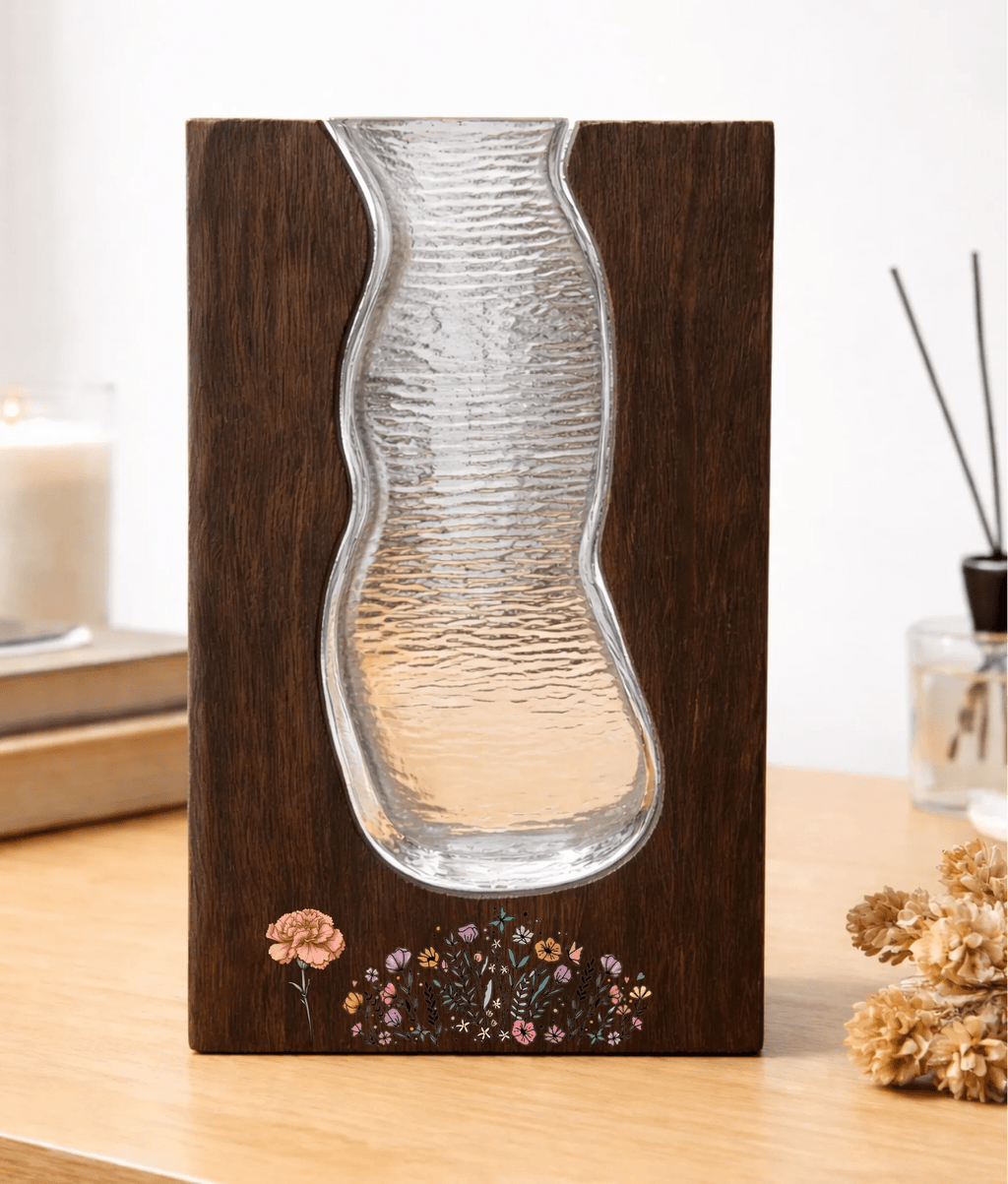 Personalized Solid Wood Glass Vase with Walnut or Natural Wood Frame Green Glass Insert Rustic Home Decor Gift for Mom 1112030 - DiyGiftly