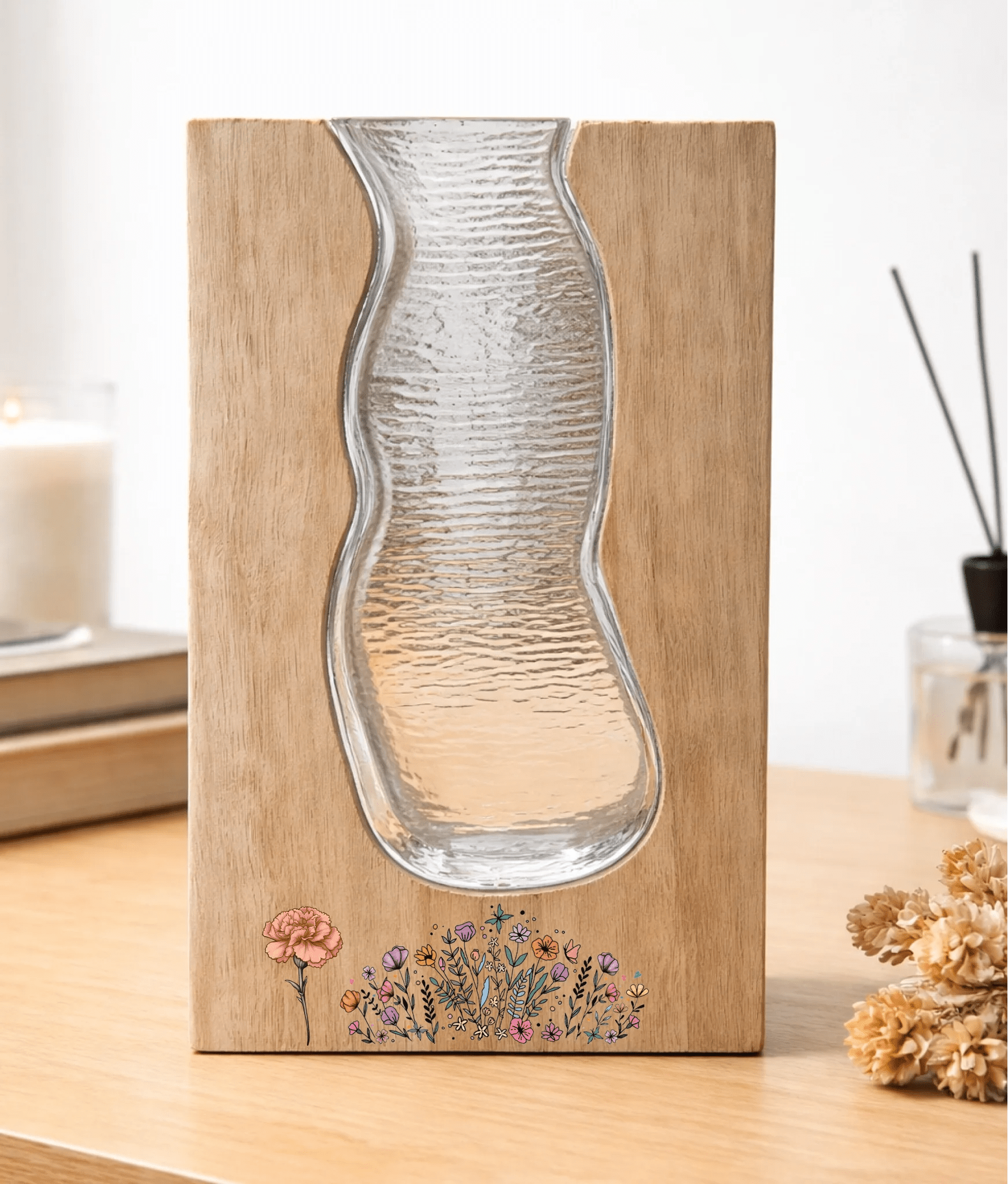 Personalized Solid Wood Glass Vase with Walnut or Natural Wood Frame Green Glass Insert Rustic Home Decor Gift for Mom 1112030 - DiyGiftly