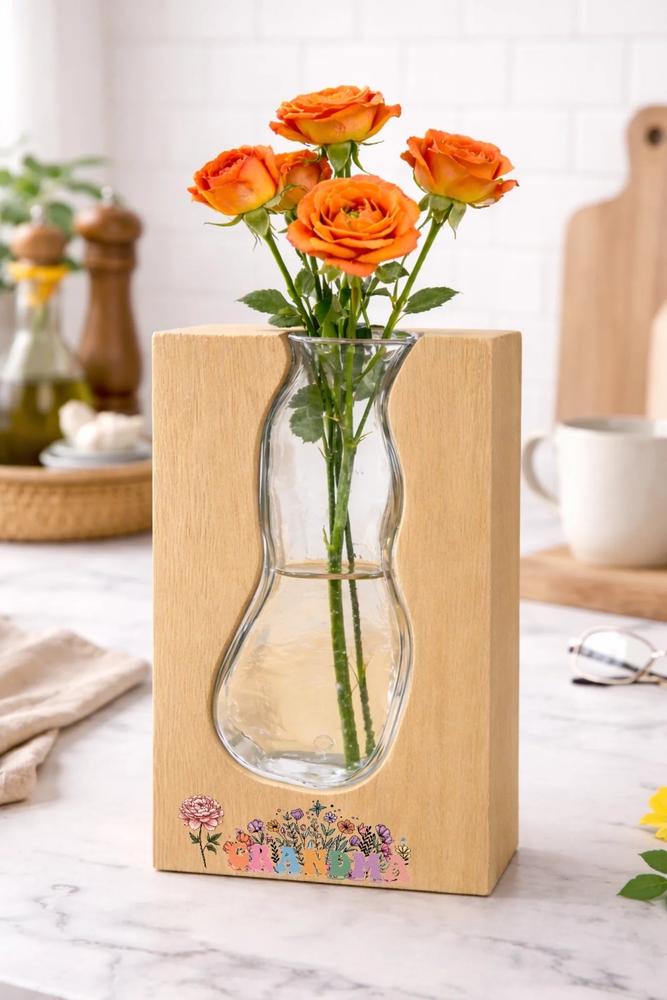 Personalized Solid Wood Glass Vase with Walnut or Natural Wood Frame Green Glass Insert Rustic Home Decor Gift for Mom 1112030 - DiyGiftly