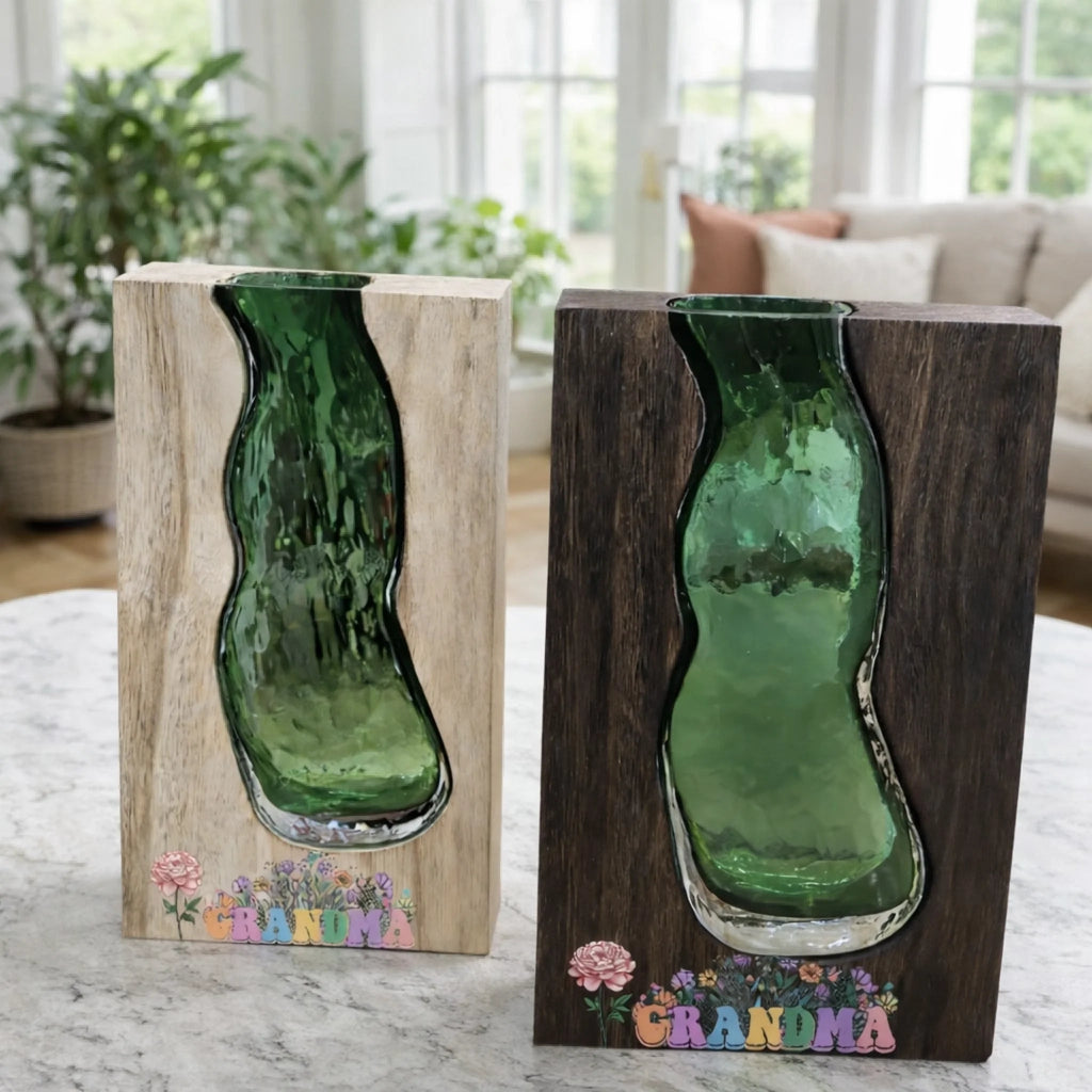 Personalized Solid Wood Glass Vase with Walnut or Natural Wood Frame Green Glass Insert Rustic Home Decor Gift for Mom 1112030 - DiyGiftly