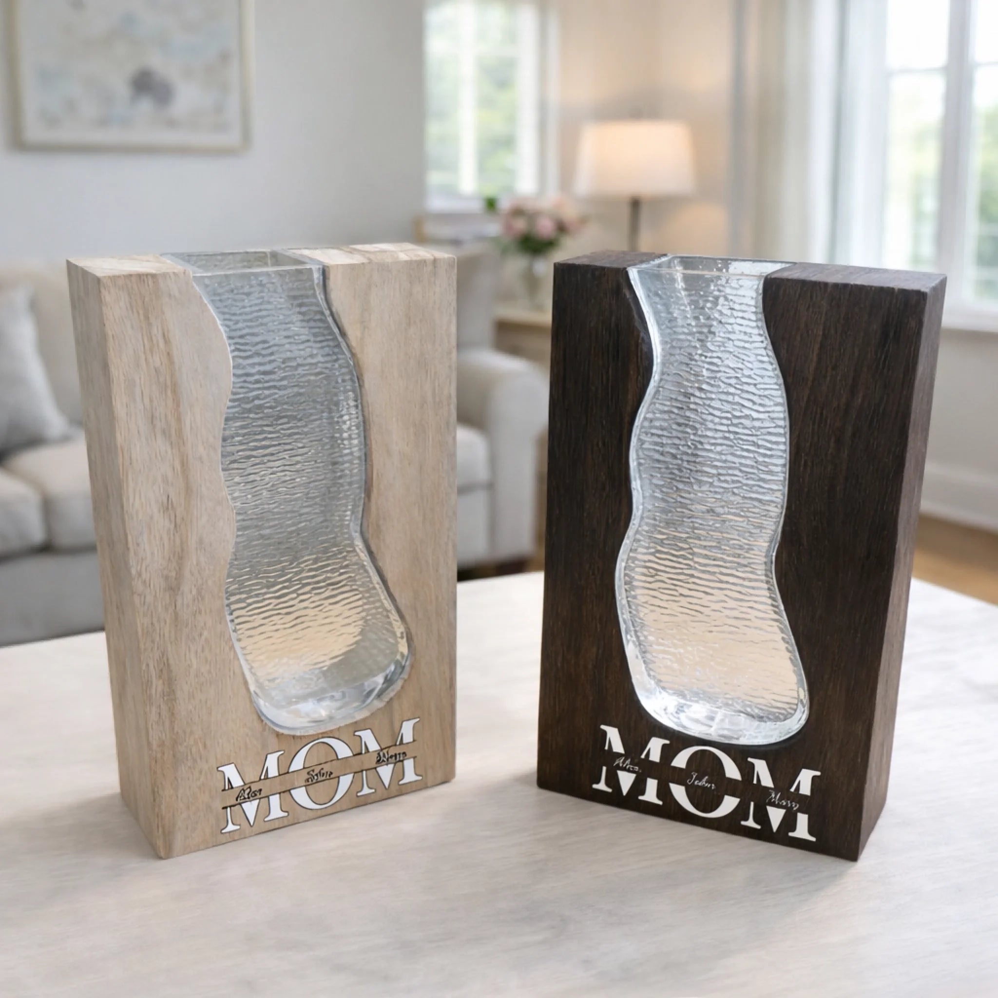 Personalized Solid Wood Glass Vase with Walnut or Natural Wood Frame Green Glass Insert Rustic Home Decor Gift for Mom 1112074 - DiyGiftly