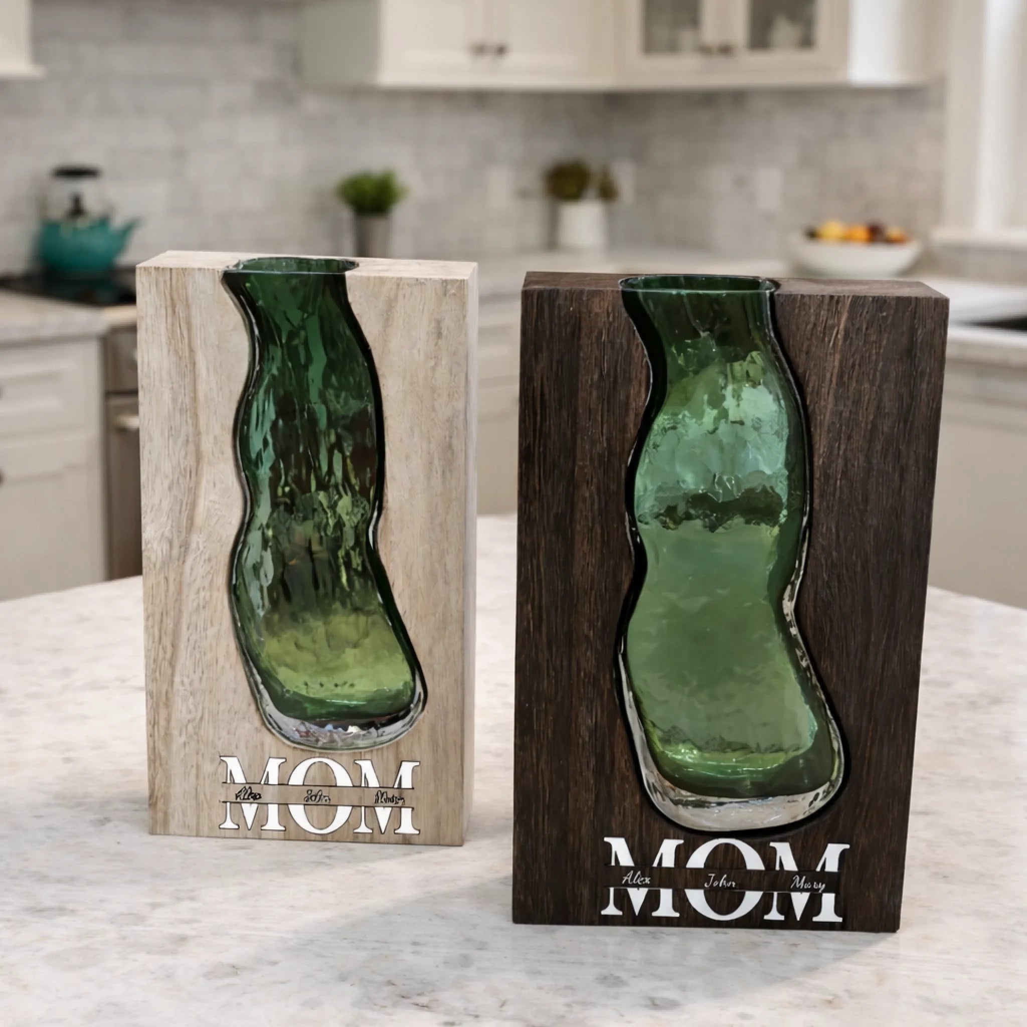 Personalized Solid Wood Glass Vase with Walnut or Natural Wood Frame Green Glass Insert Rustic Home Decor Gift for Mom 1112074 - DiyGiftly