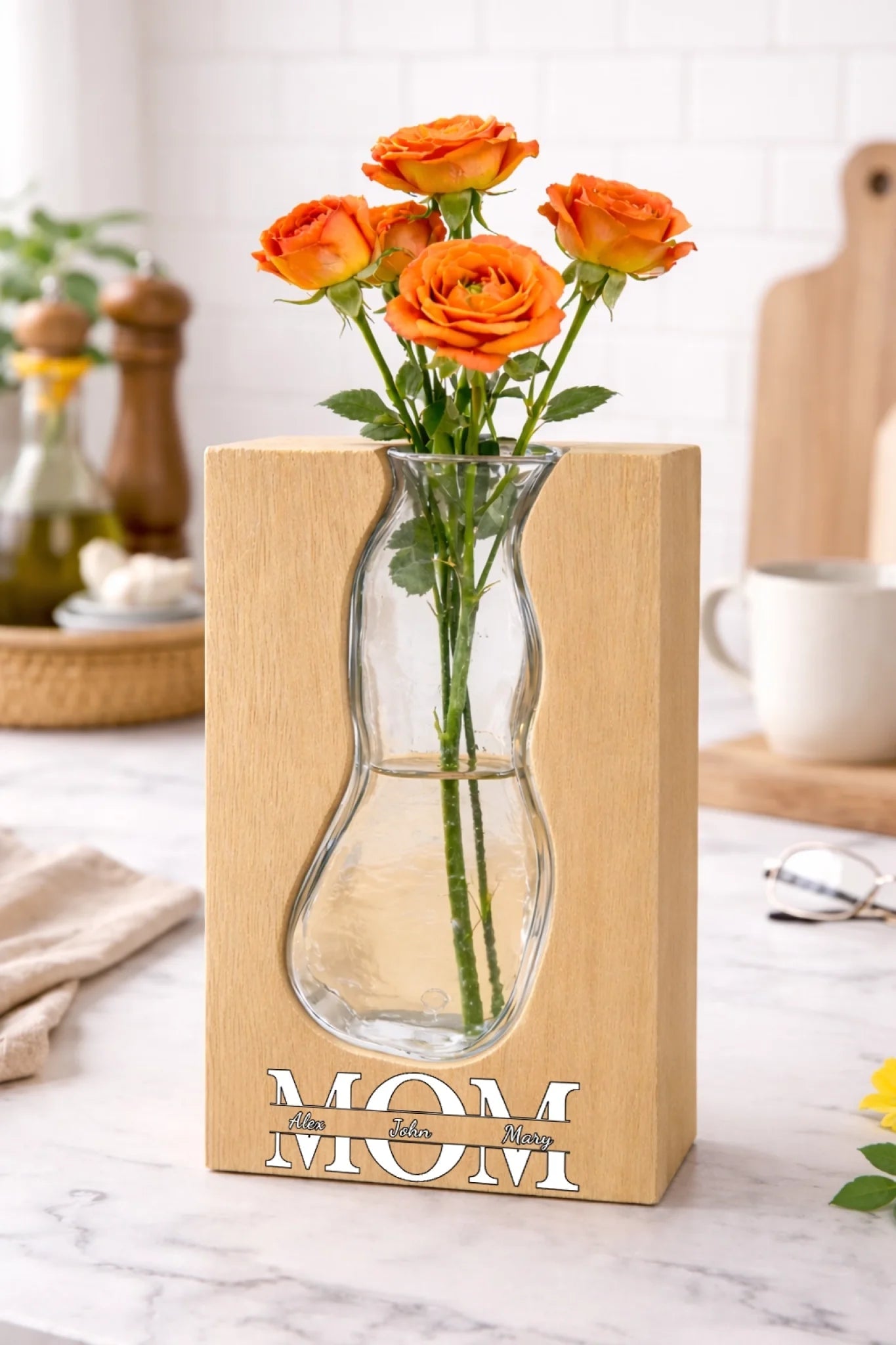 Personalized Solid Wood Glass Vase with Walnut or Natural Wood Frame Green Glass Insert Rustic Home Decor Gift for Mom 1112074 - DiyGiftly