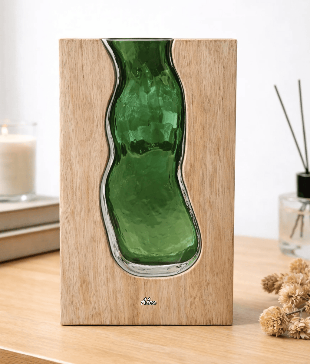 Personalized Solid Wood Glass Vase with Walnut or Natural Wood Frame Green Glass Insert Rustic Home Decor Gift for Mom 1112074 - DiyGiftly