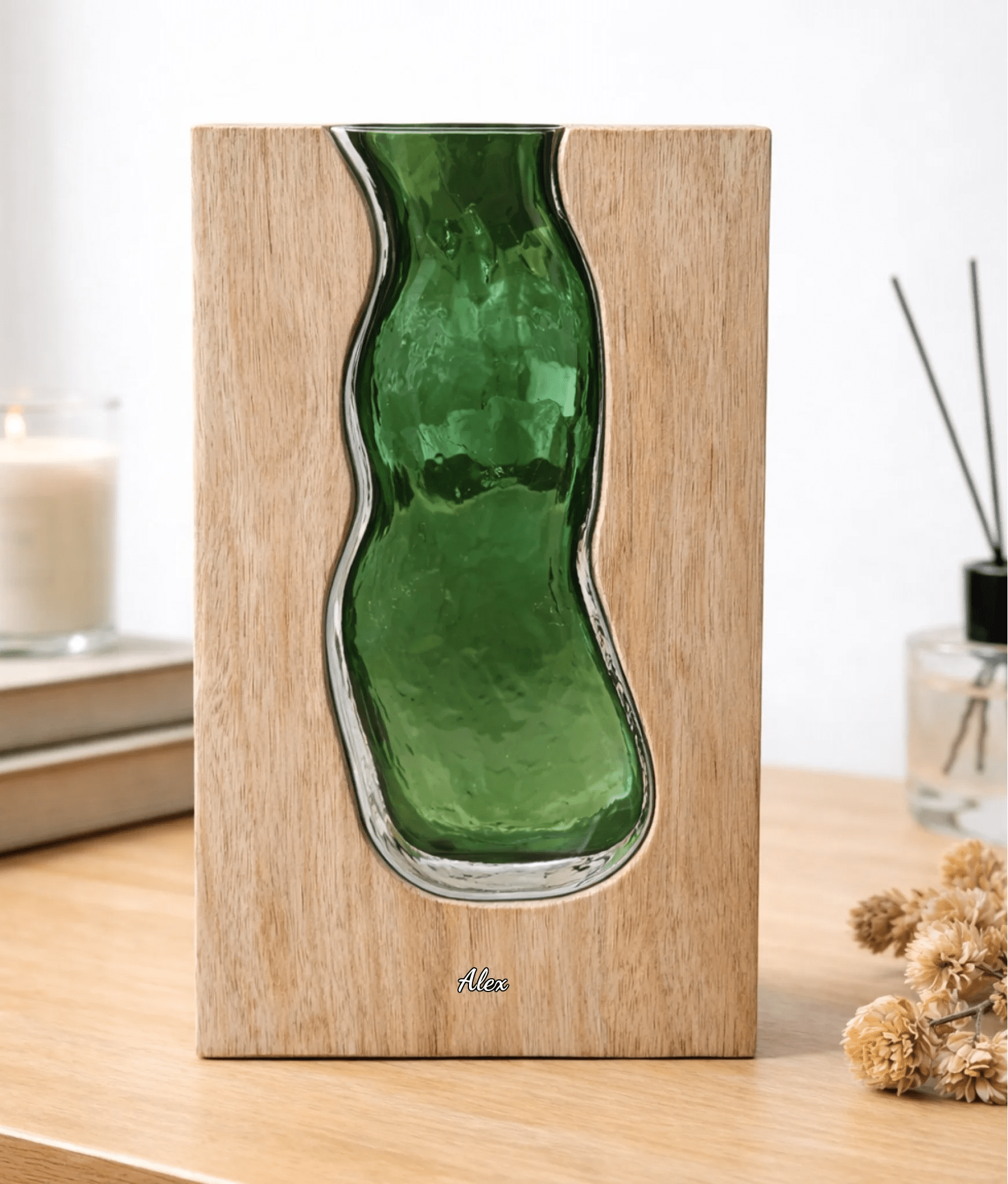 Personalized Solid Wood Glass Vase with Walnut or Natural Wood Frame Green Glass Insert Rustic Home Decor Gift for Mom 1112074 - DiyGiftly