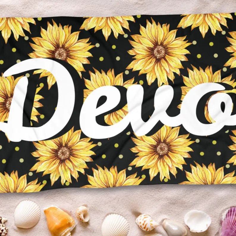 Personalized Sunflowers Beach Towel - Custom Name Floral Summer Towel, Beach Accessories, Oversized Pool Towel, Gift for Her 94181888 - DiyGiftly