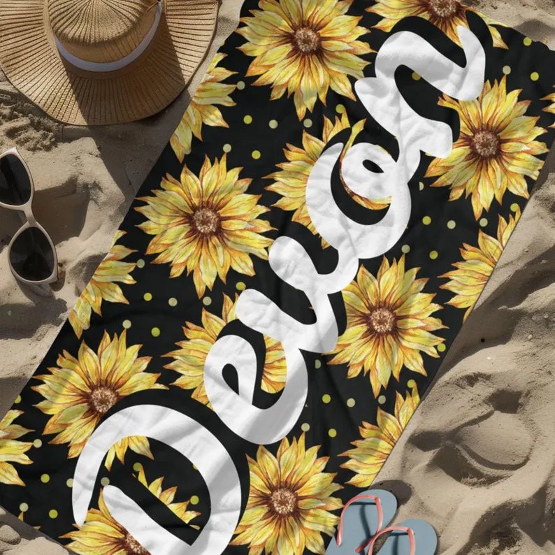 Personalized Sunflowers Beach Towel - Custom Name Floral Summer Towel, Beach Accessories, Oversized Pool Towel, Gift for Her 94181888 - DiyGiftly