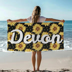 Personalized Sunflowers Beach Towel - Custom Name Floral Summer Towel, Beach Accessories, Oversized Pool Towel, Gift for Her 94181888 - DiyGiftly