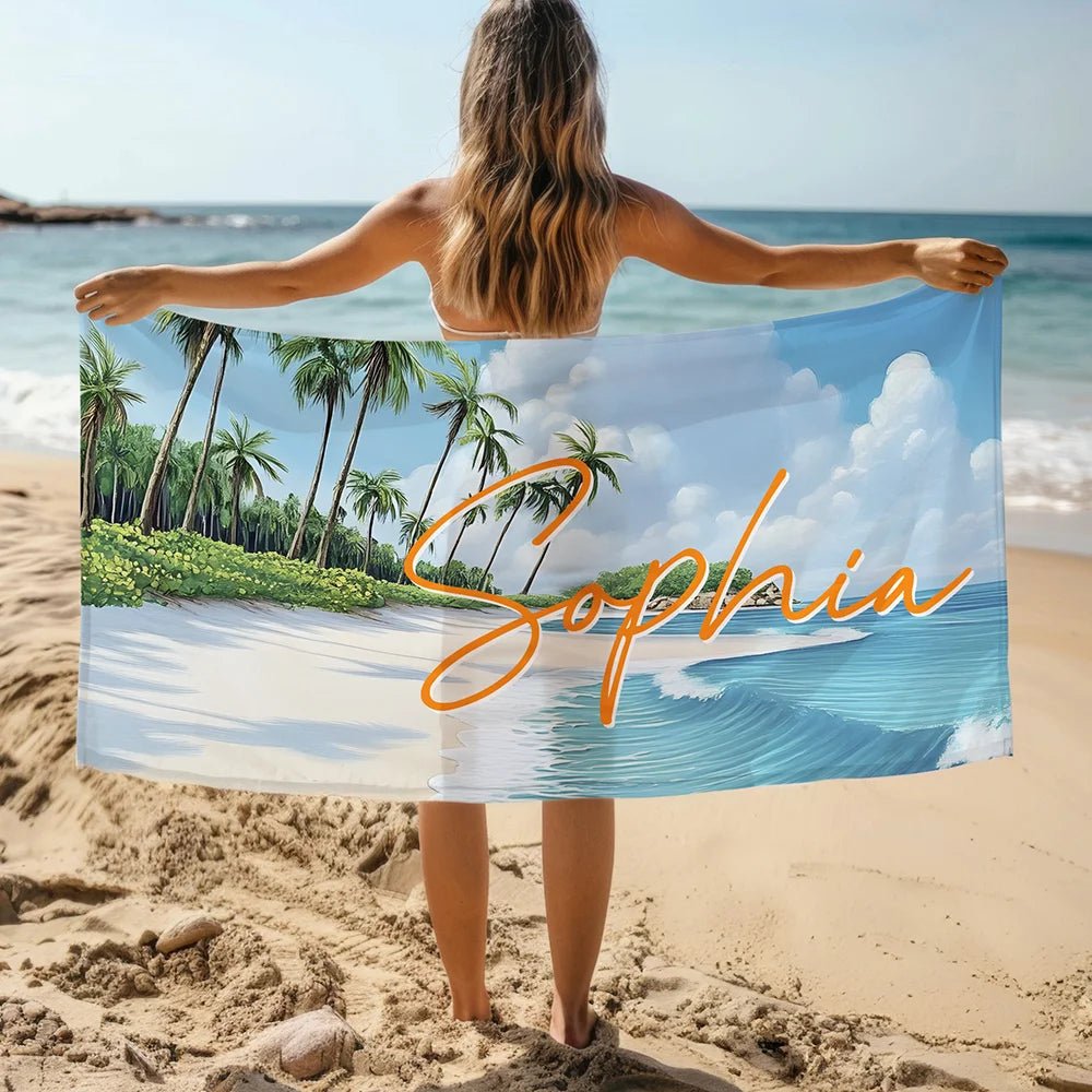 Personalized Tropical Beach Palm Tree Oversized Beach Towel with Name Super Absorbent Summer Vacation Travel Essential Gift for Women Men 17485568 - DiyGiftly