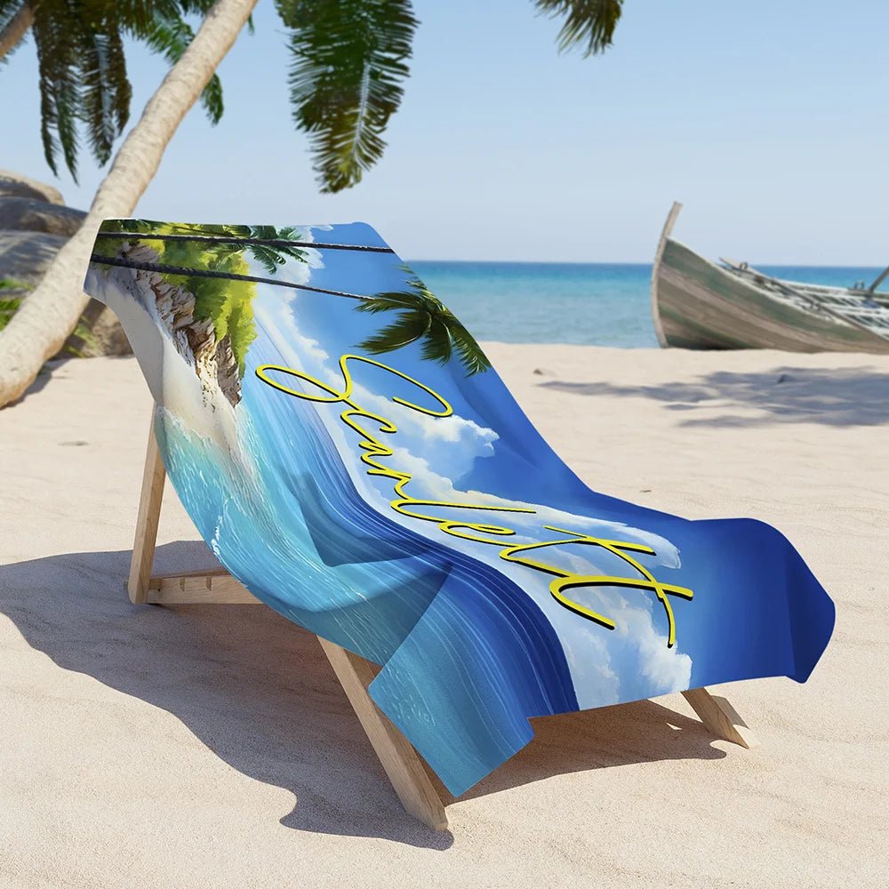 Personalized Tropical Beach Palm Tree Oversized Beach Towel with Name Super Absorbent Summer Vacation Travel Essential Gift for Women Men 17485568 - DiyGiftly