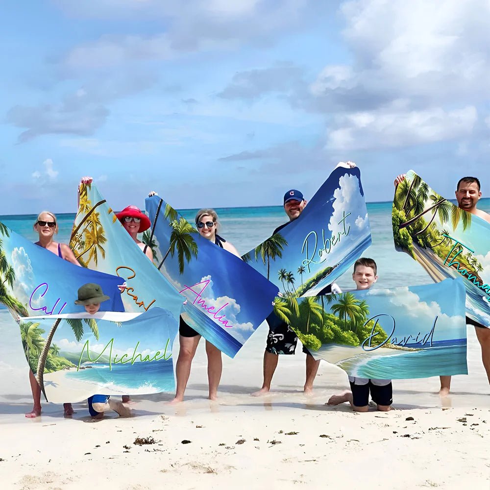 Personalized Tropical Beach Palm Tree Oversized Beach Towel with Name Super Absorbent Summer Vacation Travel Essential Gift for Women Men 17485568 - DiyGiftly