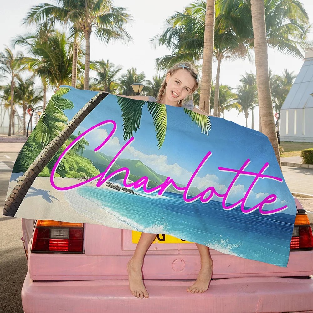 Personalized Tropical Beach Palm Tree Oversized Beach Towel with Name Super Absorbent Summer Vacation Travel Essential Gift for Women Men 17485568 - DiyGiftly
