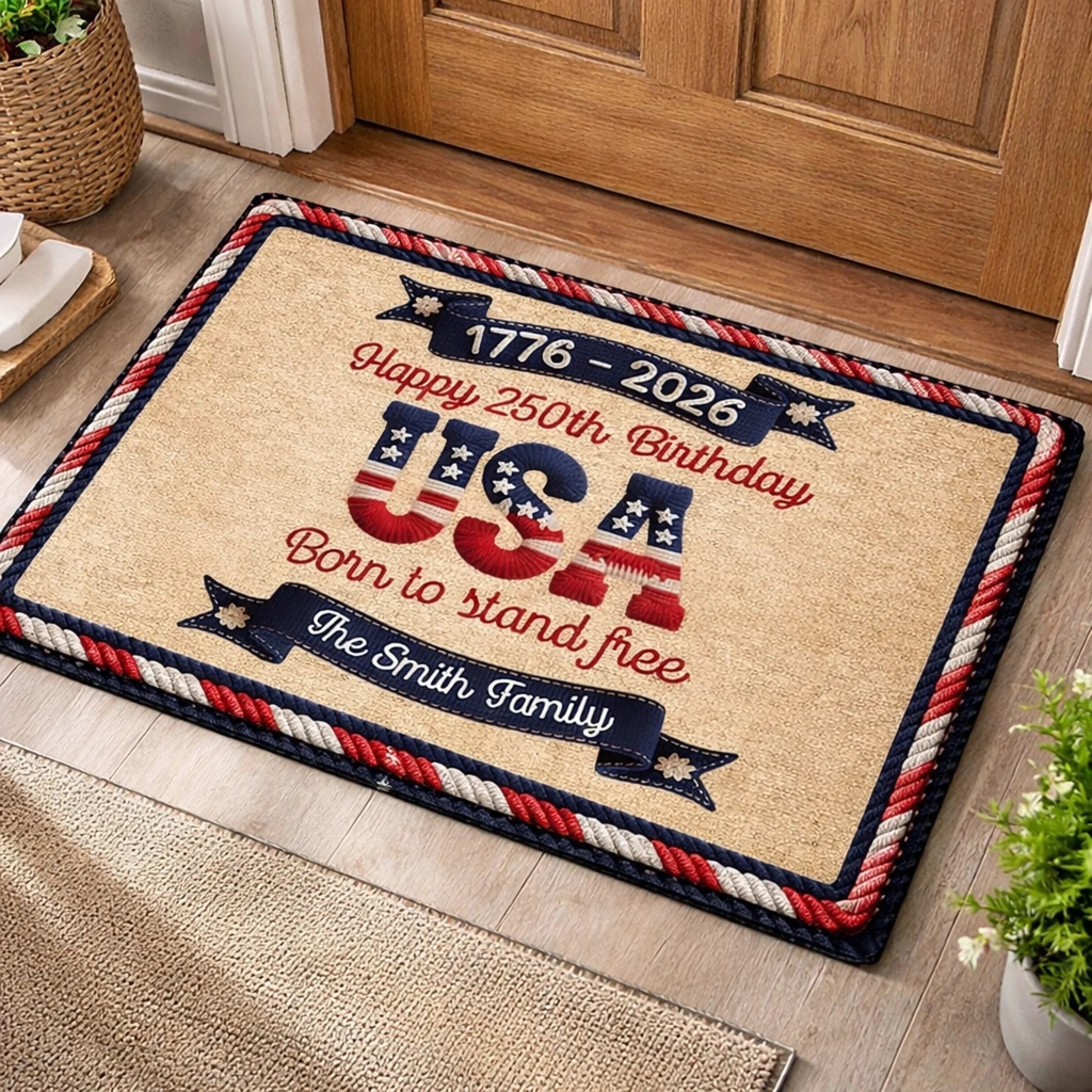 Personalized USA 250th Anniversary Doormat - Faux Yarn Patriotic Pattern (1776 - 2026) 1122295 - DiyGiftly