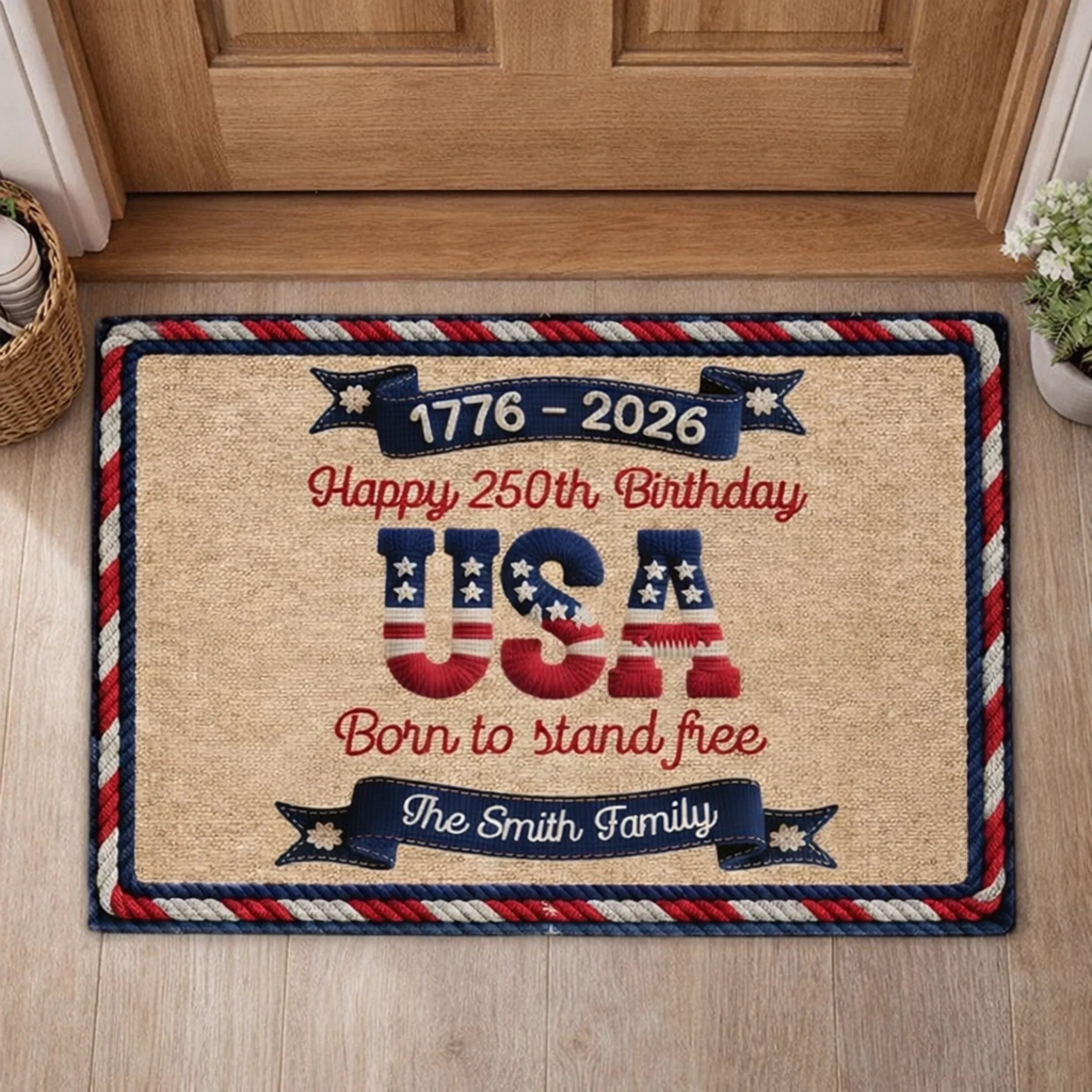 Personalized USA 250th Anniversary Doormat - Faux Yarn Patriotic Pattern (1776 - 2026) 1122295 - DiyGiftly