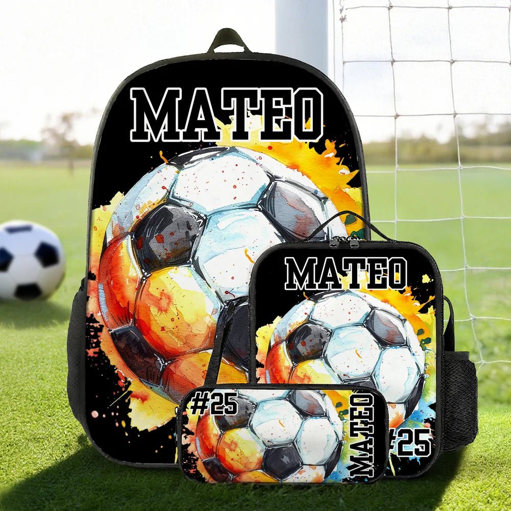 Personalized Watercolor Soccer Rugby Backpack Lunch Bag Pencil Case Set with Name Number Back to School Team Training Day Birthday Gift for Boys Girls 84156928 - DiyGiftly