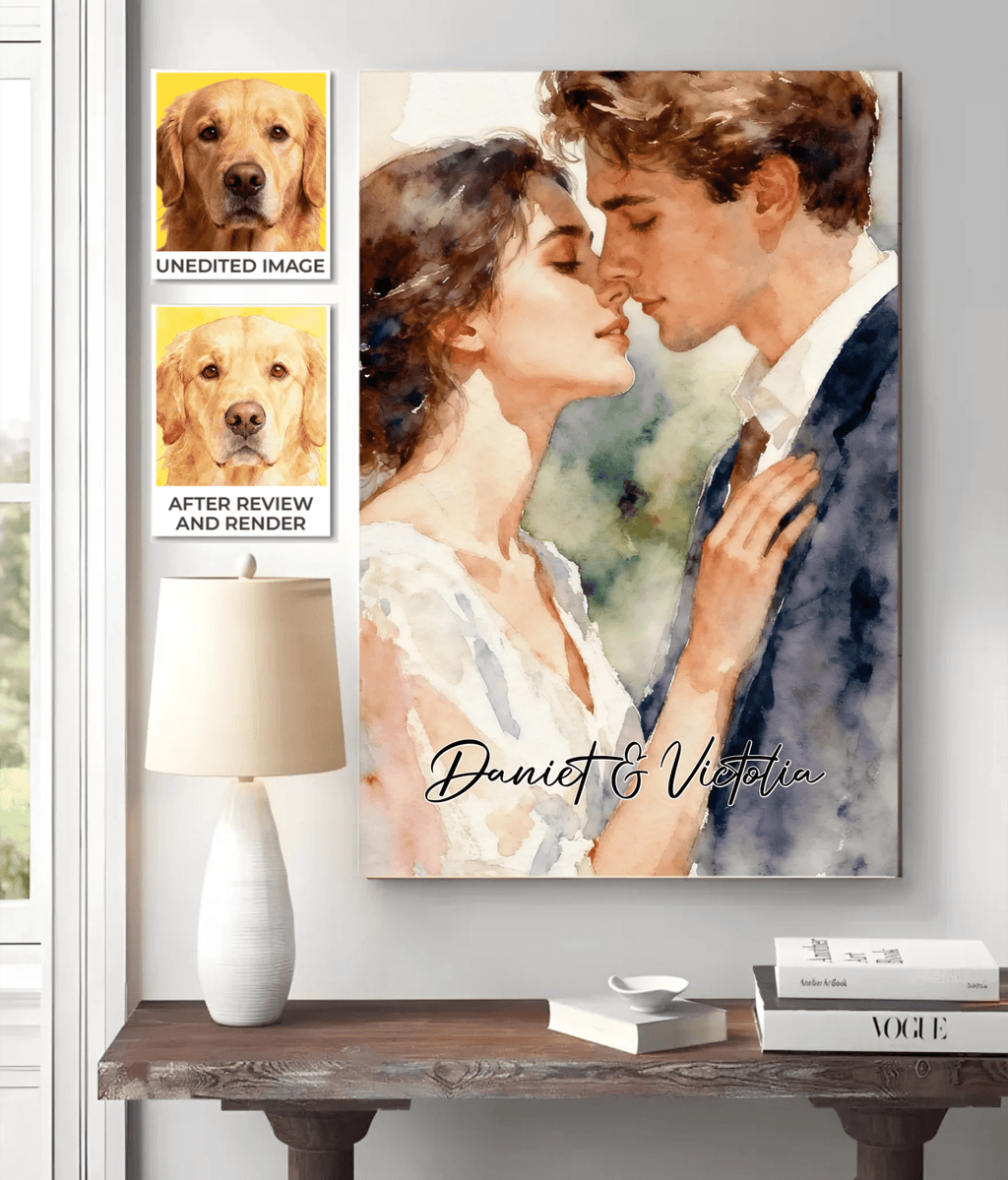 Personalized Watercolor Style Illustration - Custom Couples Portrait – Custom Cartoon Portrait from Photo as Digital Download, Wall Art, Pillow, Mug, Blanket, Beach Towel, Keychain, Desk Sign & Morer 1065089 - DiyGiftly