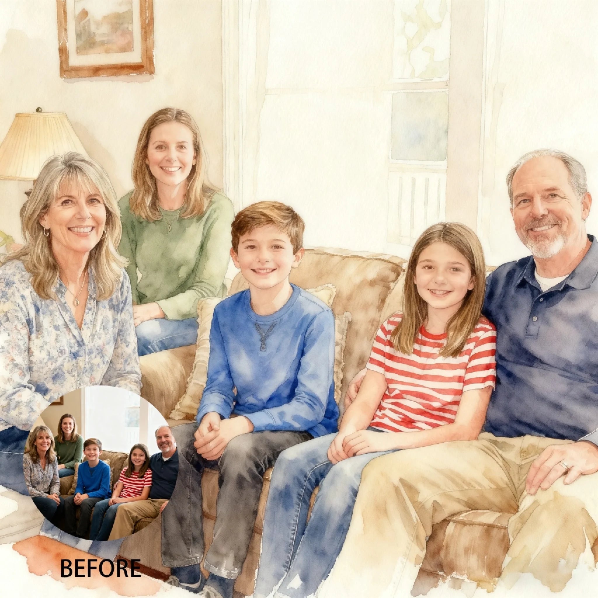 Personalized Watercolor Style Illustration - Custom Family Portrait – Custom Cartoon Portrait from Photo as Digital Download, Wall Art, Pillow, Mug, Blanket, Beach Towel, Keychain, Desk Sign & Morer 1065522 - DiyGiftly