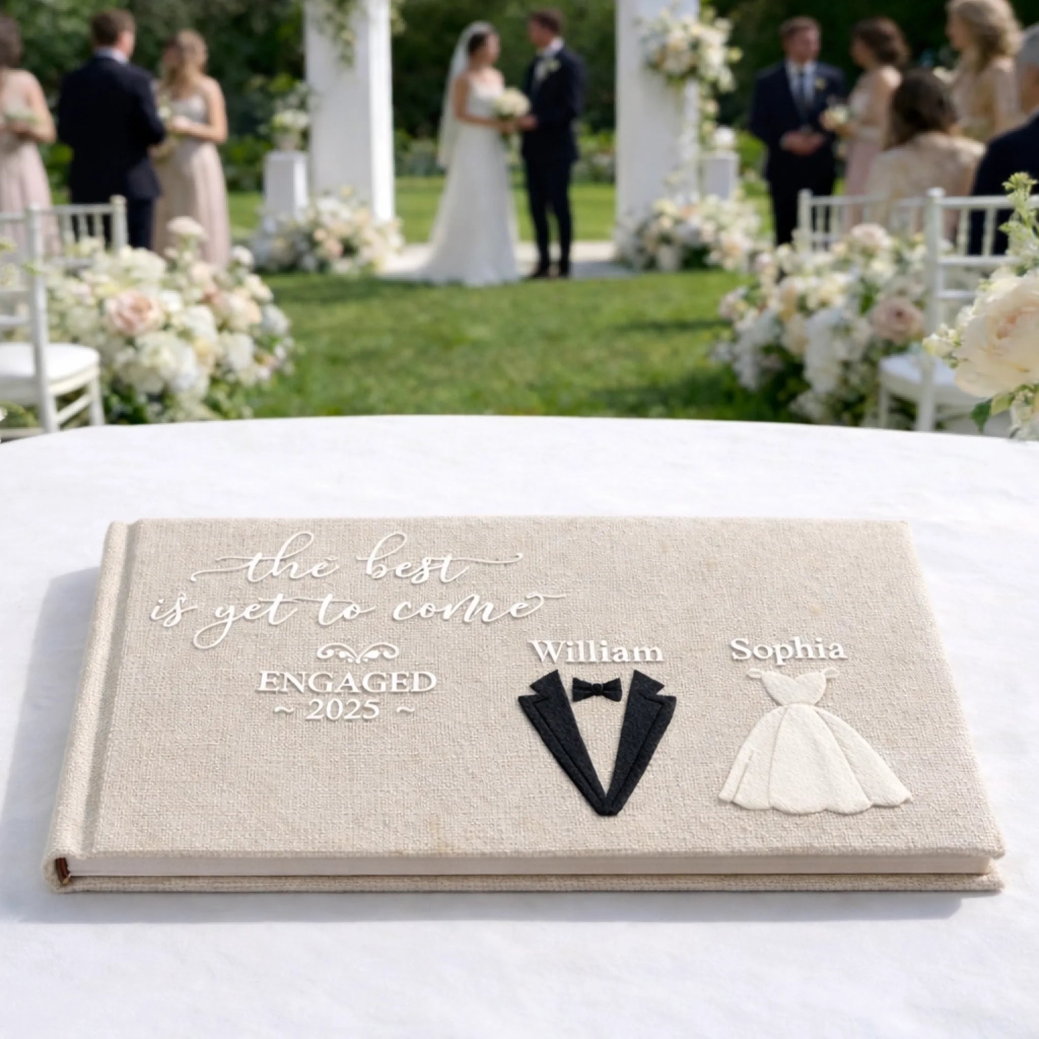 handcrafted wedding guest book newly engaged couple holding hands keepsake