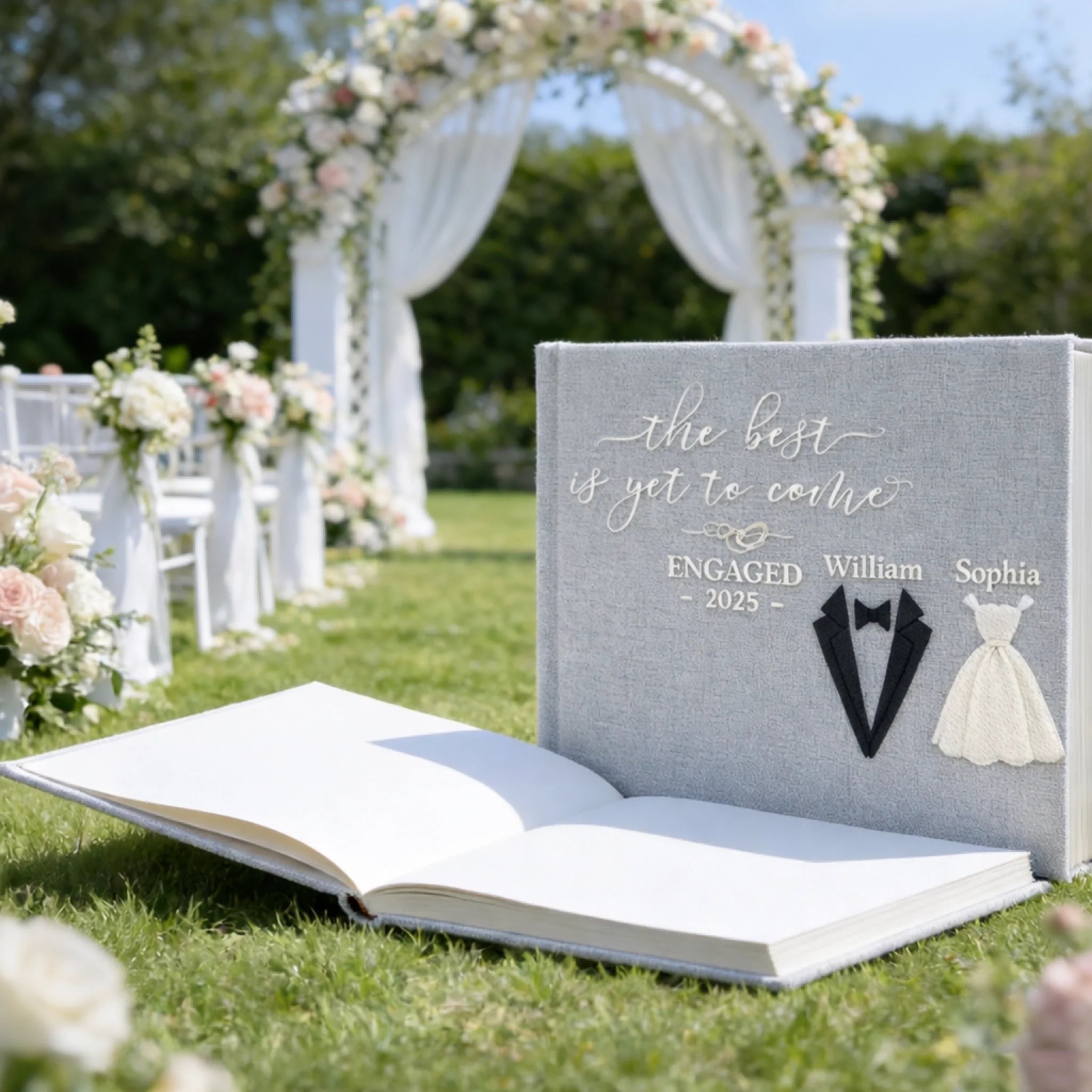 custom wedding guest book newly engaged couple holding hands detail view