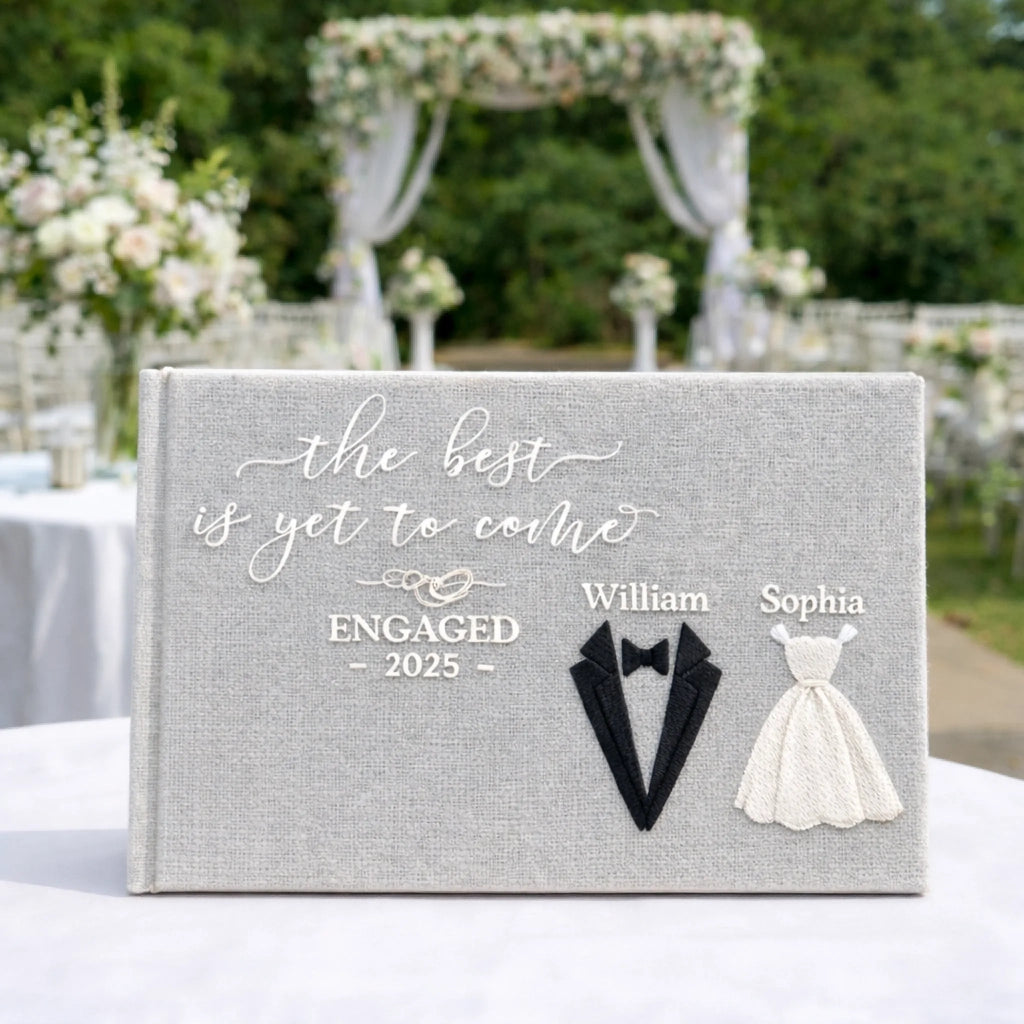 personalized wedding guest book newly engaged couple holding hands display