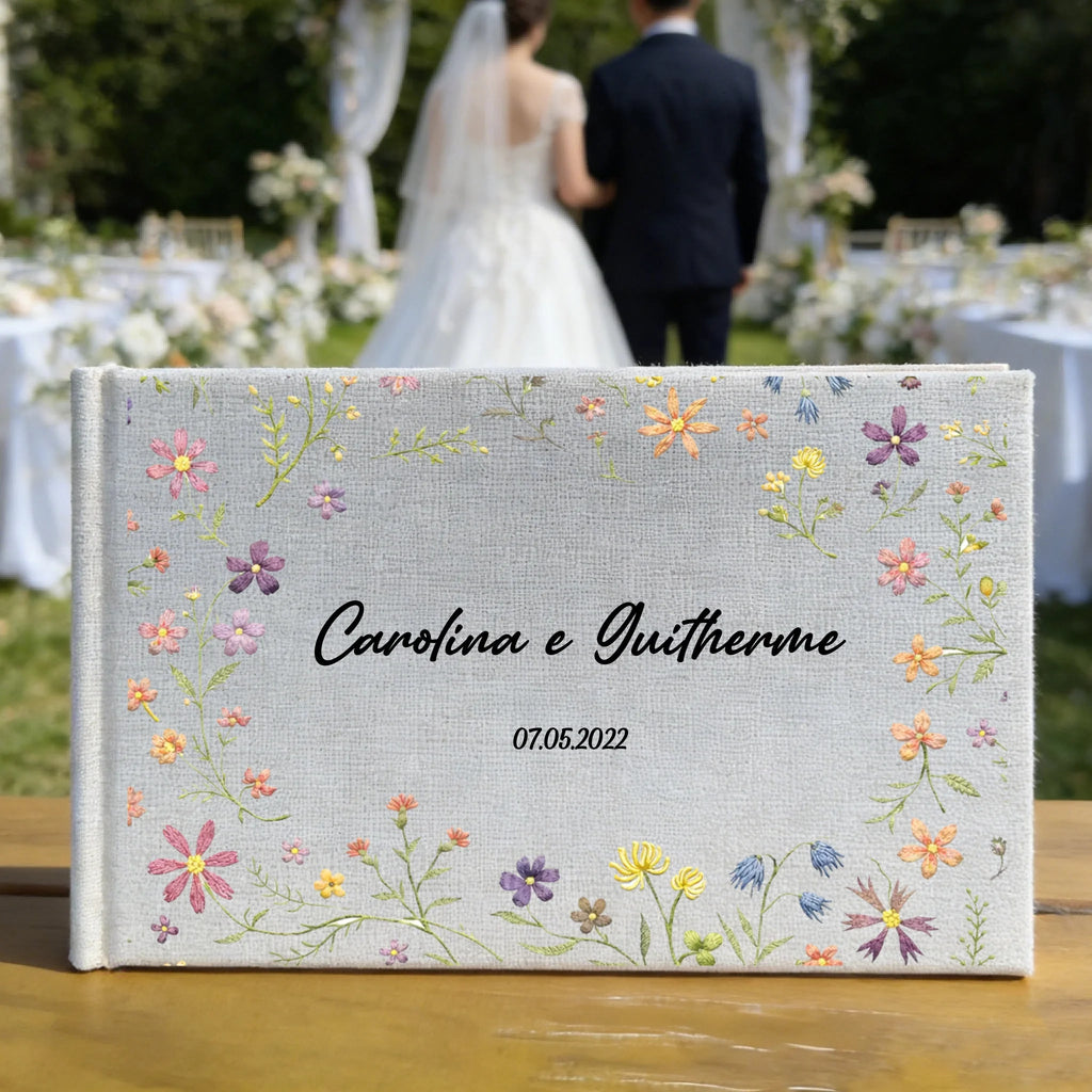 Personalized Wedding Guestbook - Custom Flowers Design Hand Embroidered Linen Hardbound Memory Book 1120227 - DiyGiftly
