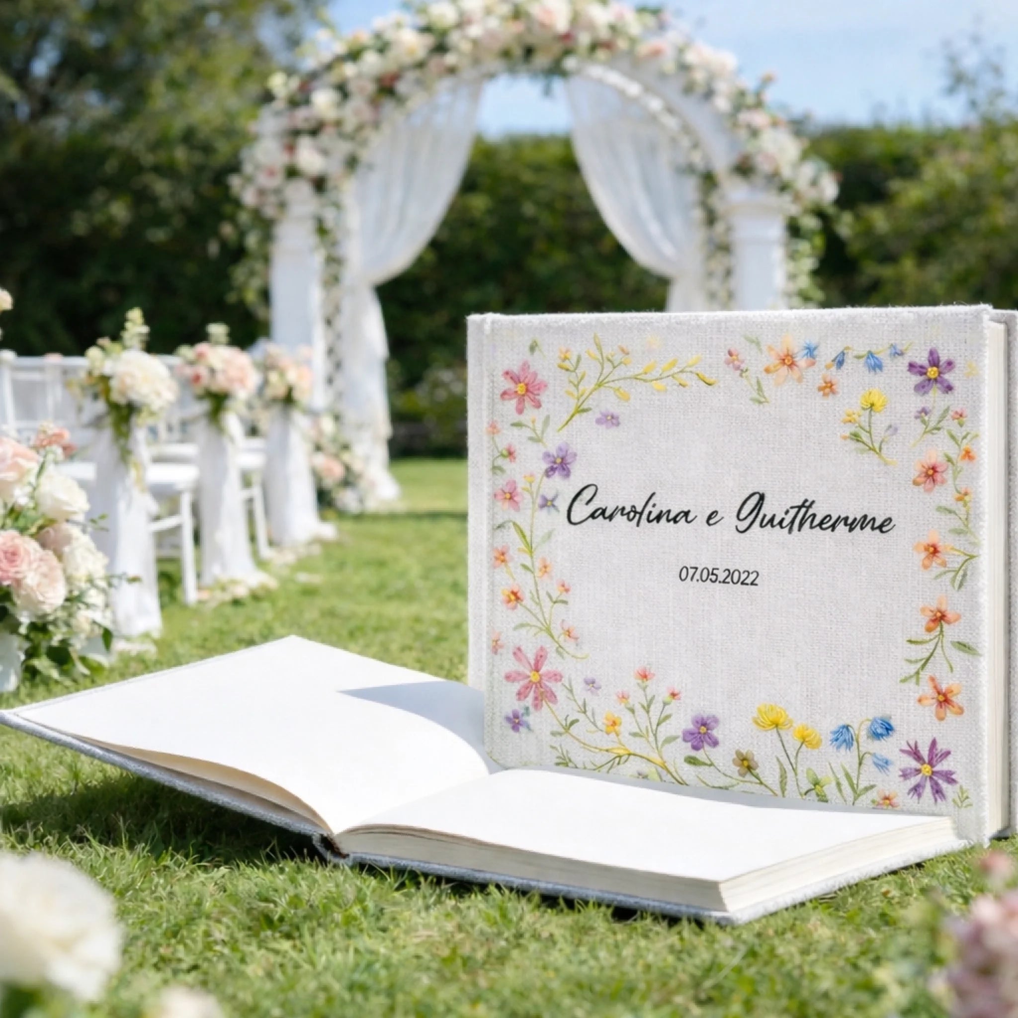 Personalized Wedding Guestbook - Custom Flowers Design Hand Embroidered Linen Hardbound Memory Book 1120227 - DiyGiftly