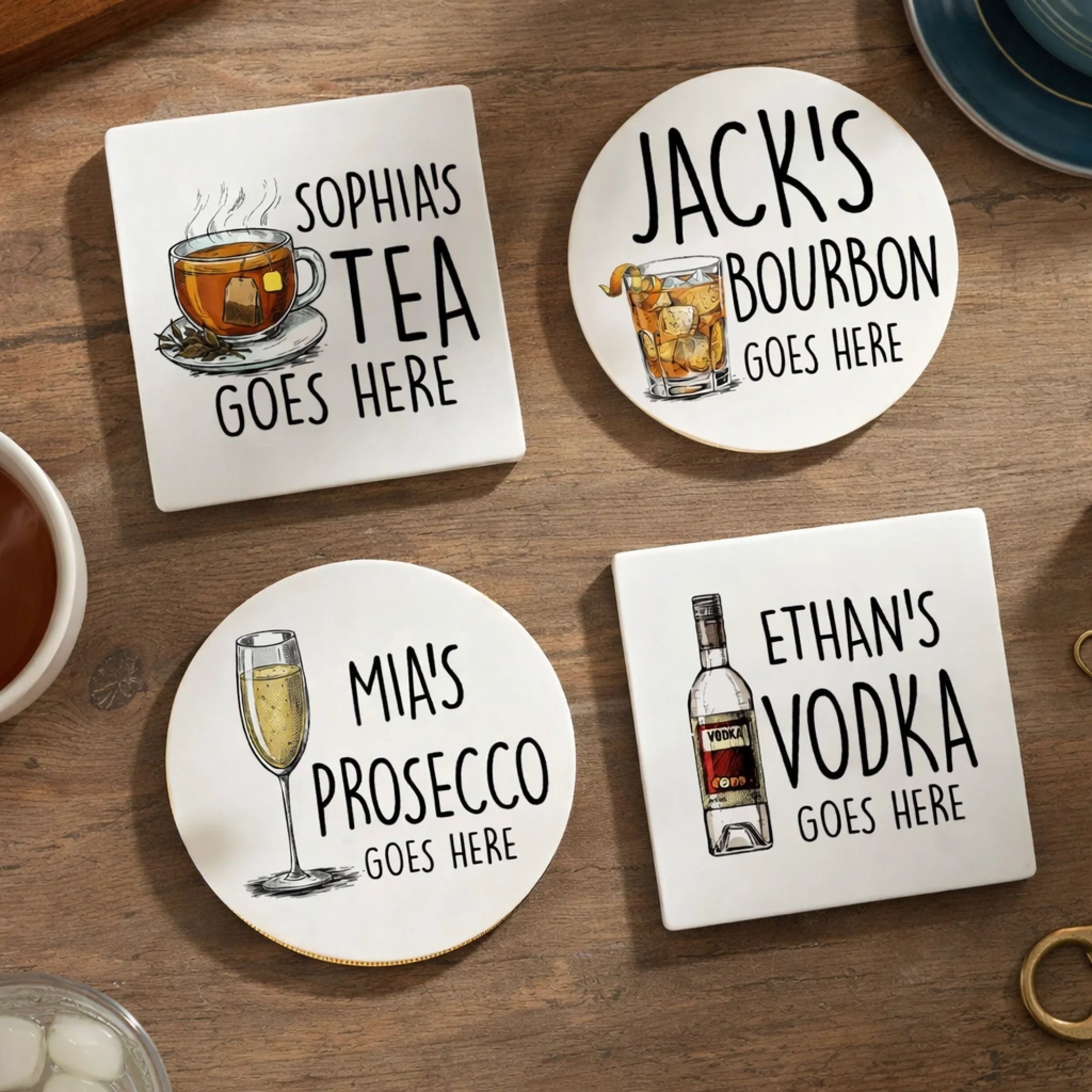 custom name wooden coaster set keepsake for coffee table decor