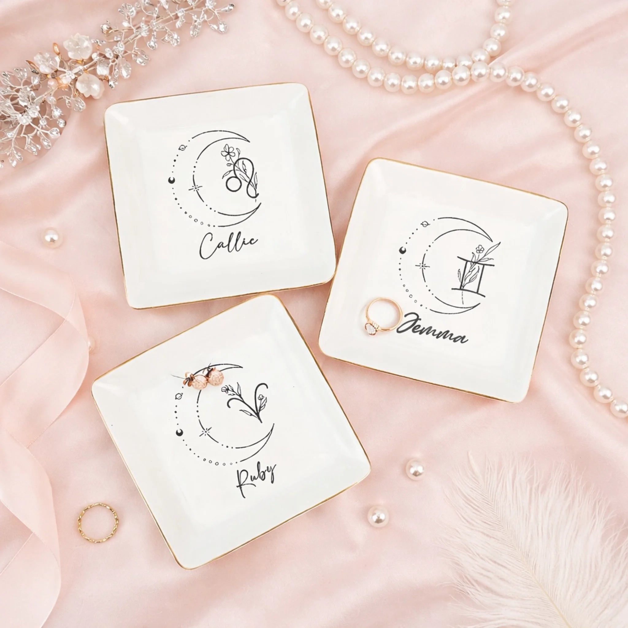 personalized zodiac flower sign trinket dish name ceramic jewelry display