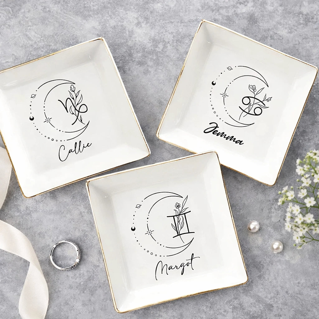 custom zodiac flower sign trinket dish name ceramic jewelry detail view