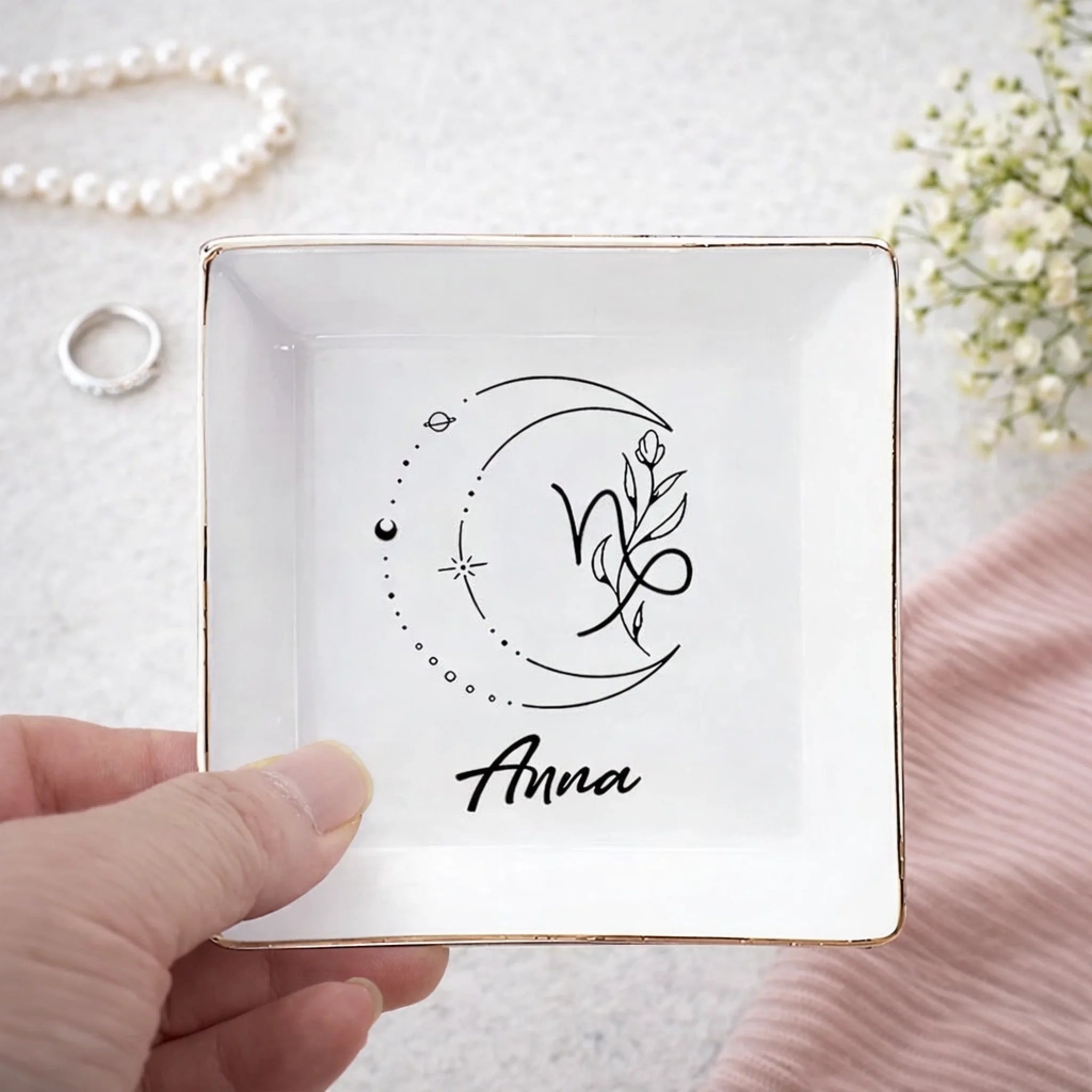 handcrafted zodiac flower sign trinket dish name ceramic jewelry keepsake