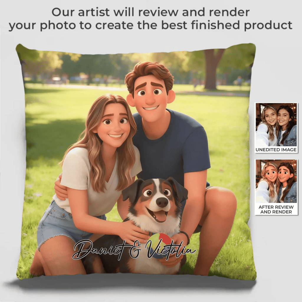 Pixar - Style Portrait from Photo – Custom Couples and Dog Digital 3D Artwork Gift – Custom Cartoon Portrait from Photo as Digital Download, Wall Art, Pillow, Mug, Blanket, Beach Towel, Keychain, Desk Sign & More 1063389 - DiyGiftly