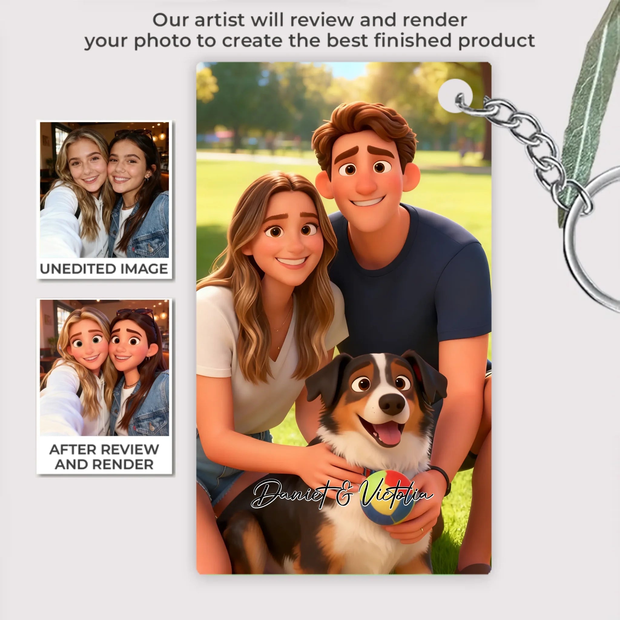 Pixar - Style Portrait from Photo – Custom Couples and Dog Digital 3D Artwork Gift – Custom Cartoon Portrait from Photo as Digital Download, Wall Art, Pillow, Mug, Blanket, Beach Towel, Keychain, Desk Sign & More 1063389 - DiyGiftly