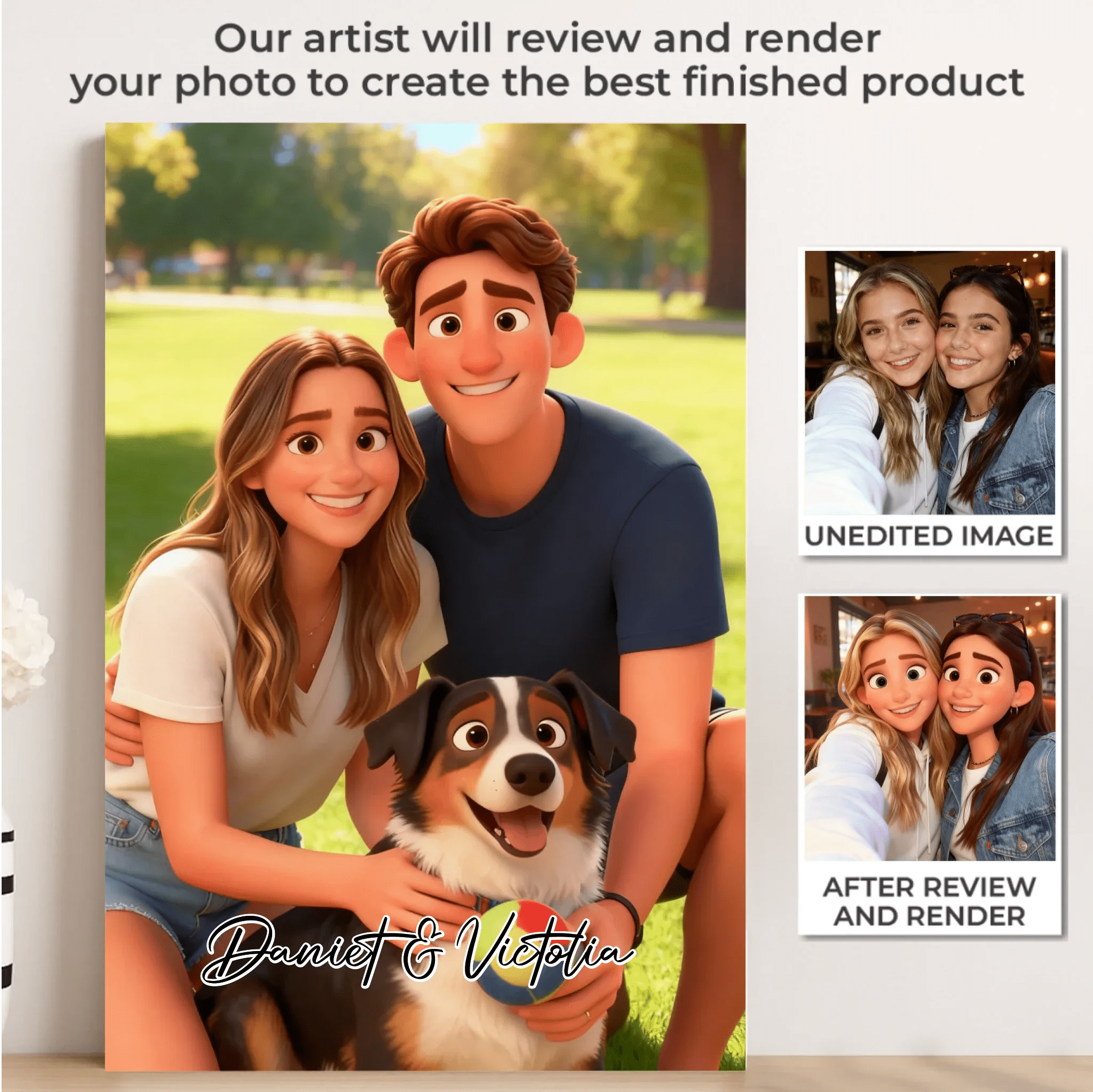 Pixar - Style Portrait from Photo – Custom Couples and Dog Digital 3D Artwork Gift – Custom Cartoon Portrait from Photo as Digital Download, Wall Art, Pillow, Mug, Blanket, Beach Towel, Keychain, Desk Sign & More 1063389 - DiyGiftly