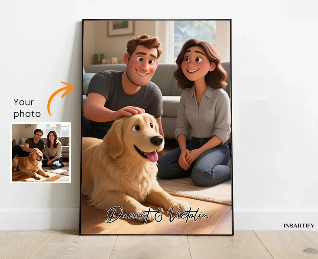 Pixar - Style Portrait from Photo – Custom Couples and Dog Digital 3D Artwork Gift – Custom Cartoon Portrait from Photo as Digital Download, Wall Art, Pillow, Mug, Blanket, Beach Towel, Keychain, Desk Sign & More 1063389 - DiyGiftly