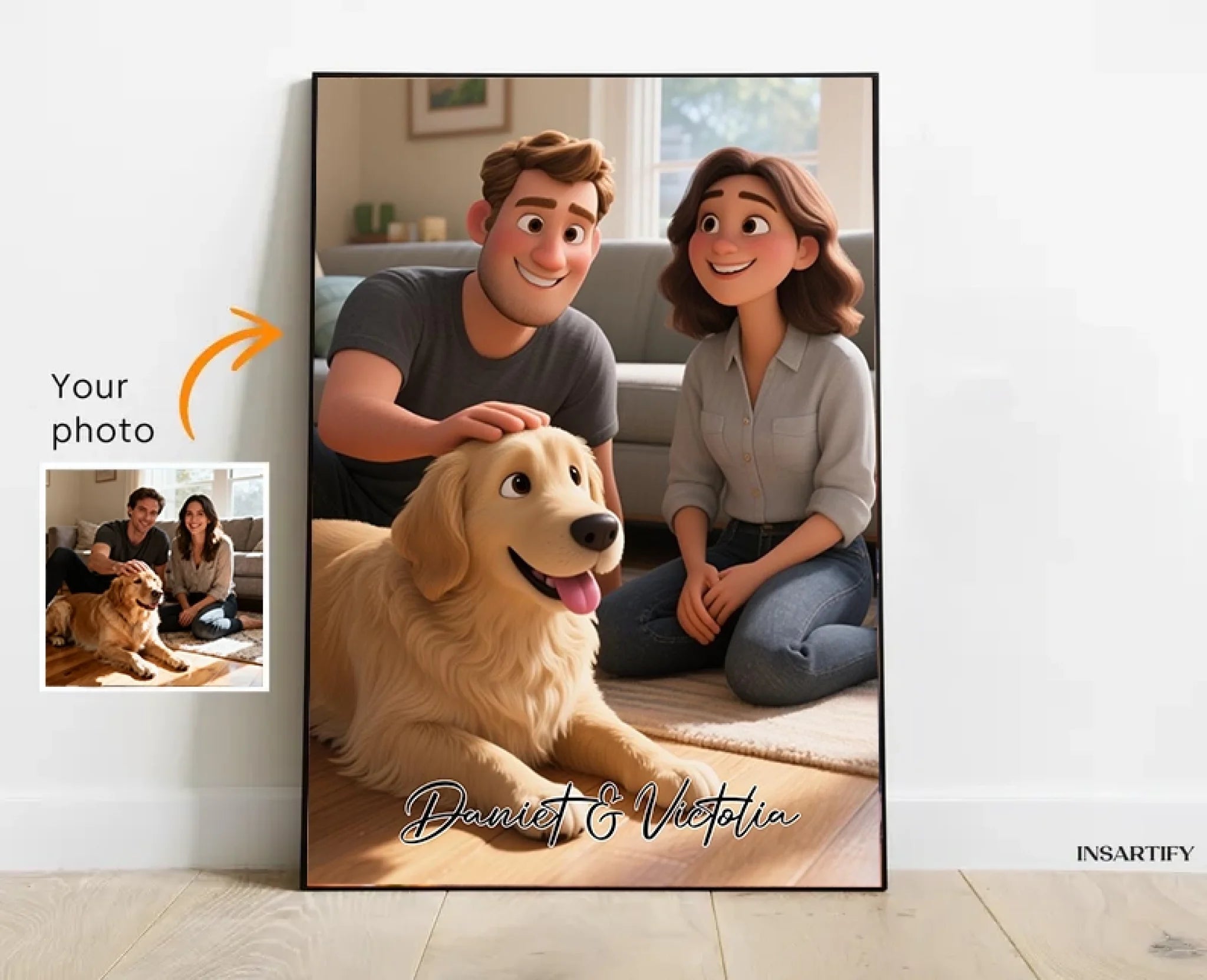 Pixar - Style Portrait from Photo – Custom Couples and Dog Digital 3D Artwork Gift – Custom Cartoon Portrait from Photo as Digital Download, Wall Art, Pillow, Mug, Blanket, Beach Towel, Keychain, Desk Sign & More 1063389 - DiyGiftly