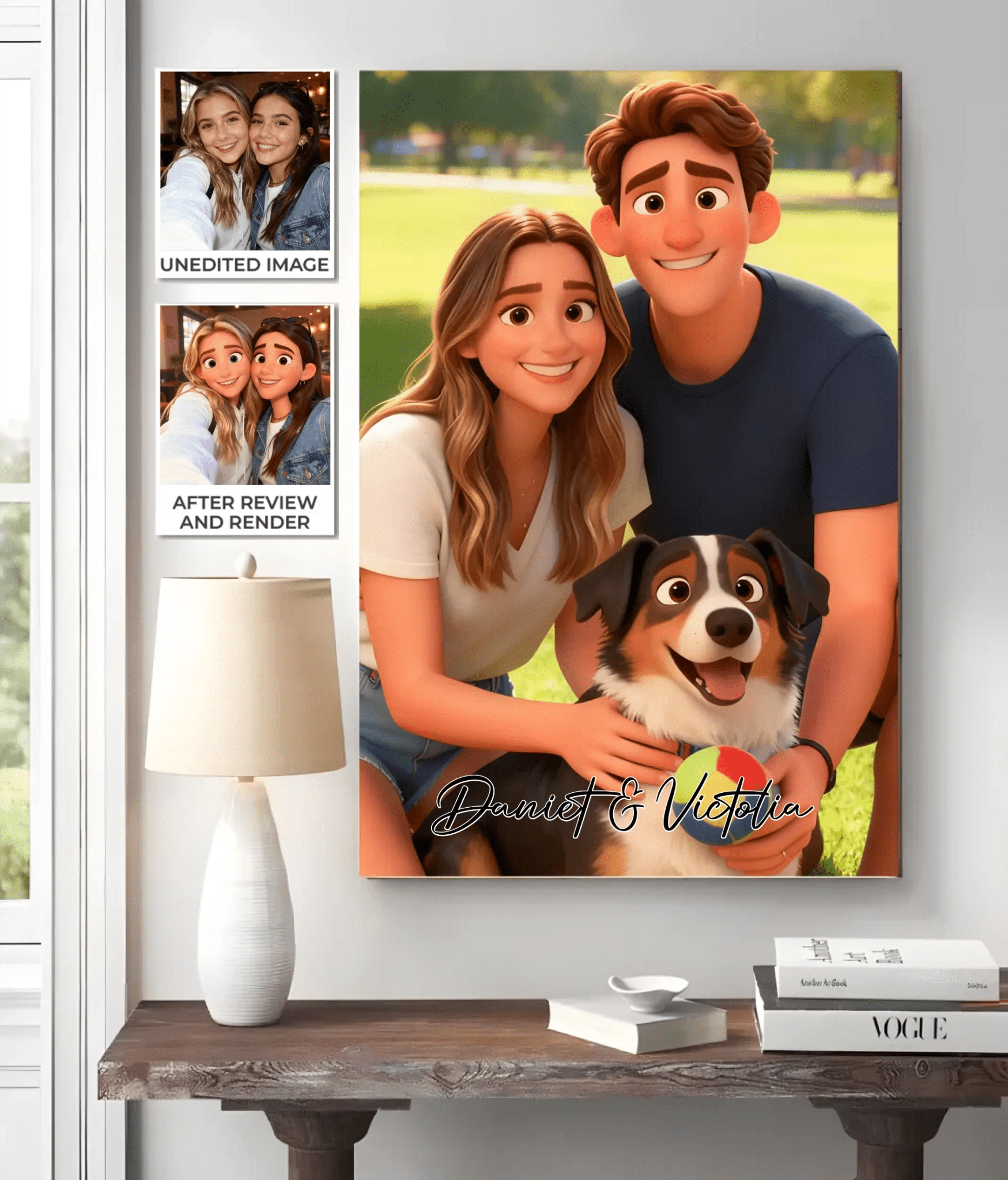 Pixar - Style Portrait from Photo – Custom Couples and Dog Digital 3D Artwork Gift – Custom Cartoon Portrait from Photo as Digital Download, Wall Art, Pillow, Mug, Blanket, Beach Towel, Keychain, Desk Sign & More 1063389 - DiyGiftly