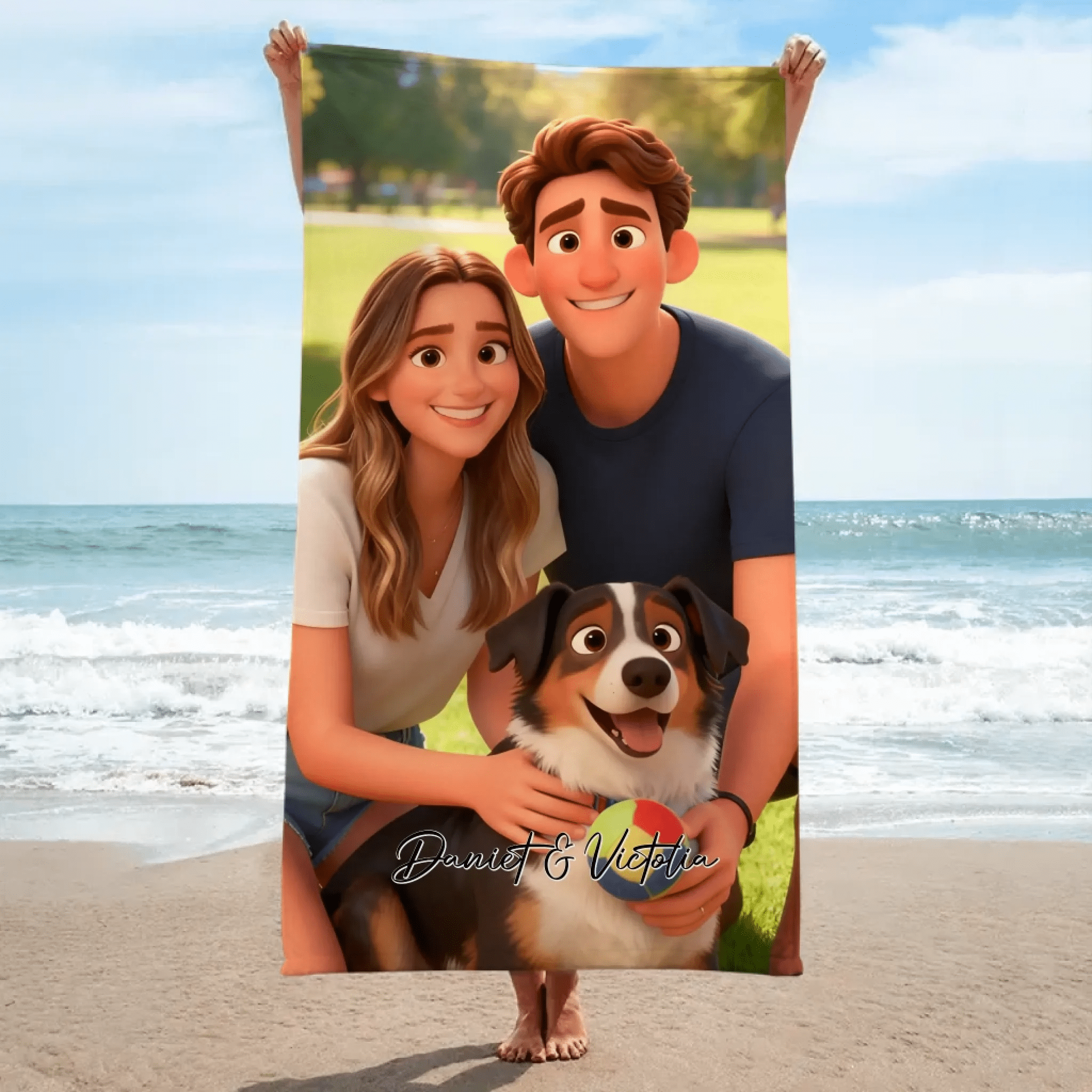 Pixar - Style Portrait from Photo – Custom Couples and Dog Digital 3D Artwork Gift – Custom Cartoon Portrait from Photo as Digital Download, Wall Art, Pillow, Mug, Blanket, Beach Towel, Keychain, Desk Sign & More 1063389 - DiyGiftly